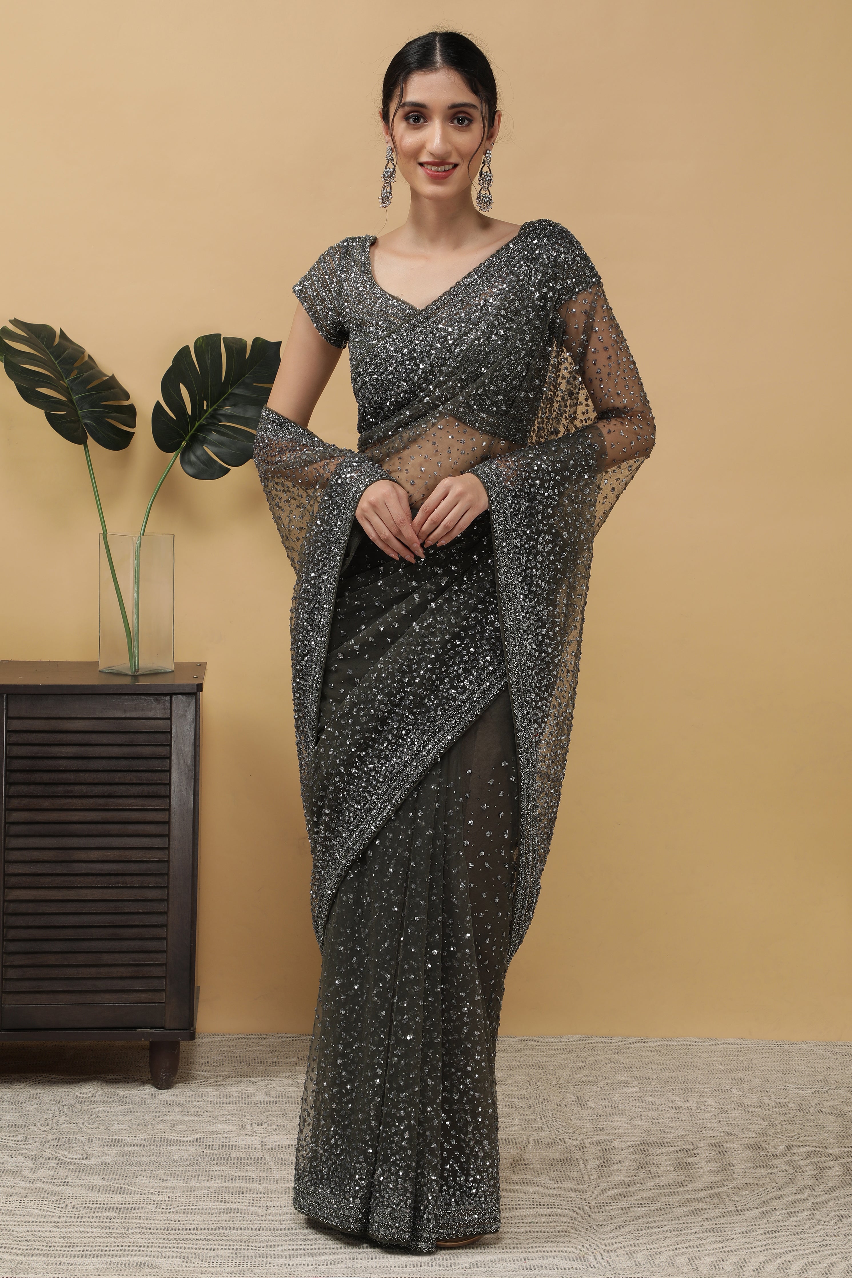 Dusty Green Net Saree