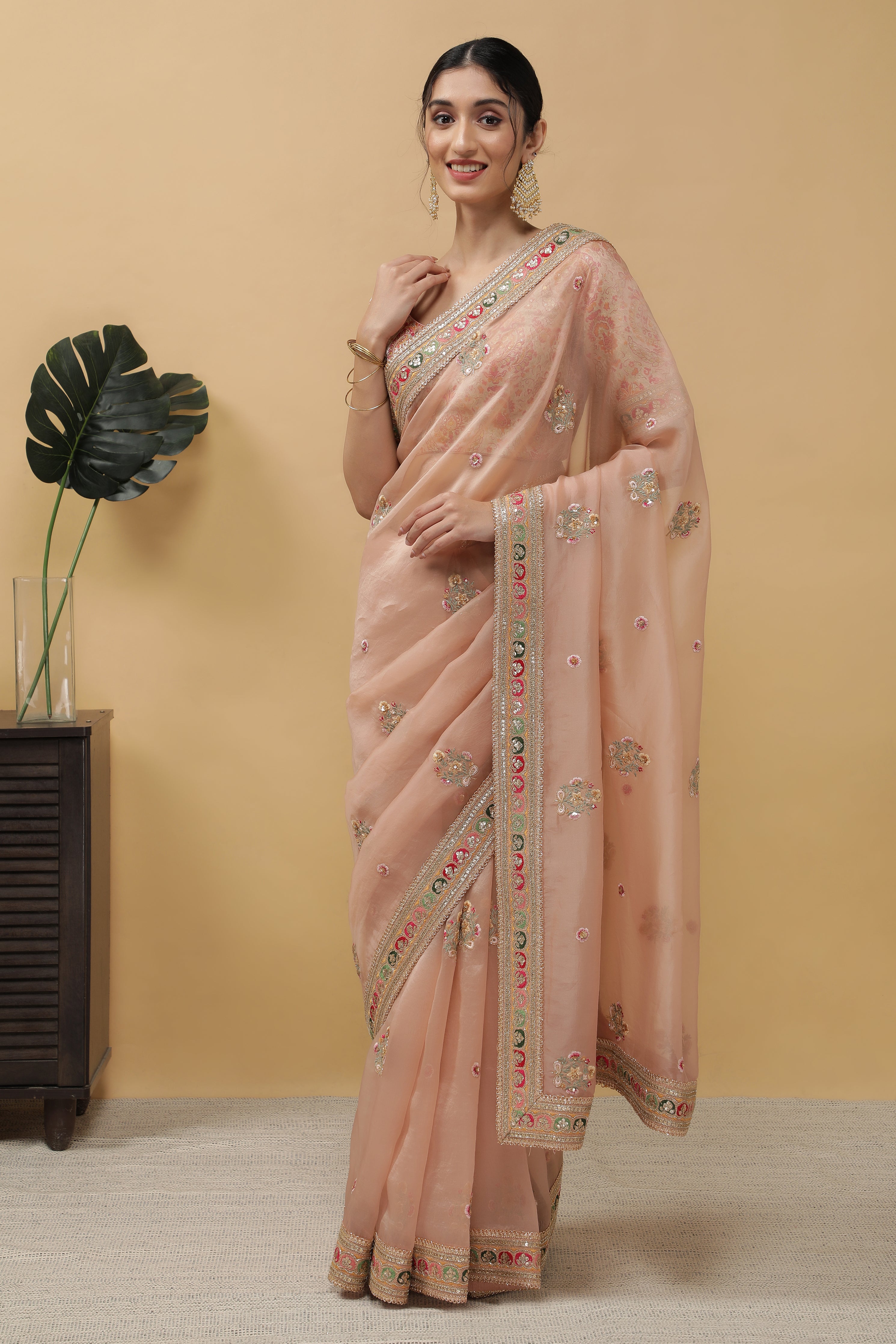 Peach Organza Saree - Mokshaa