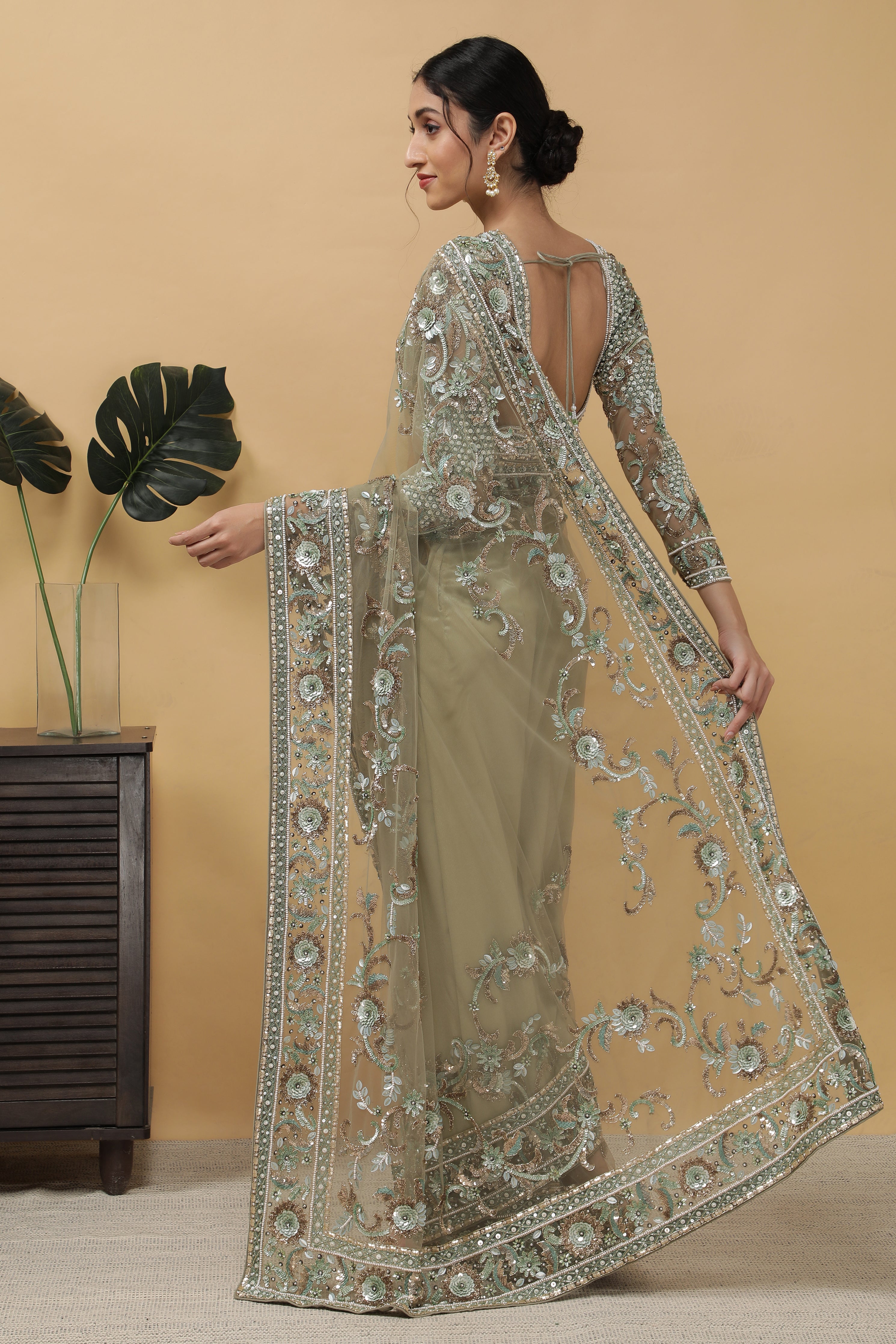 Dusty Green Net Saree