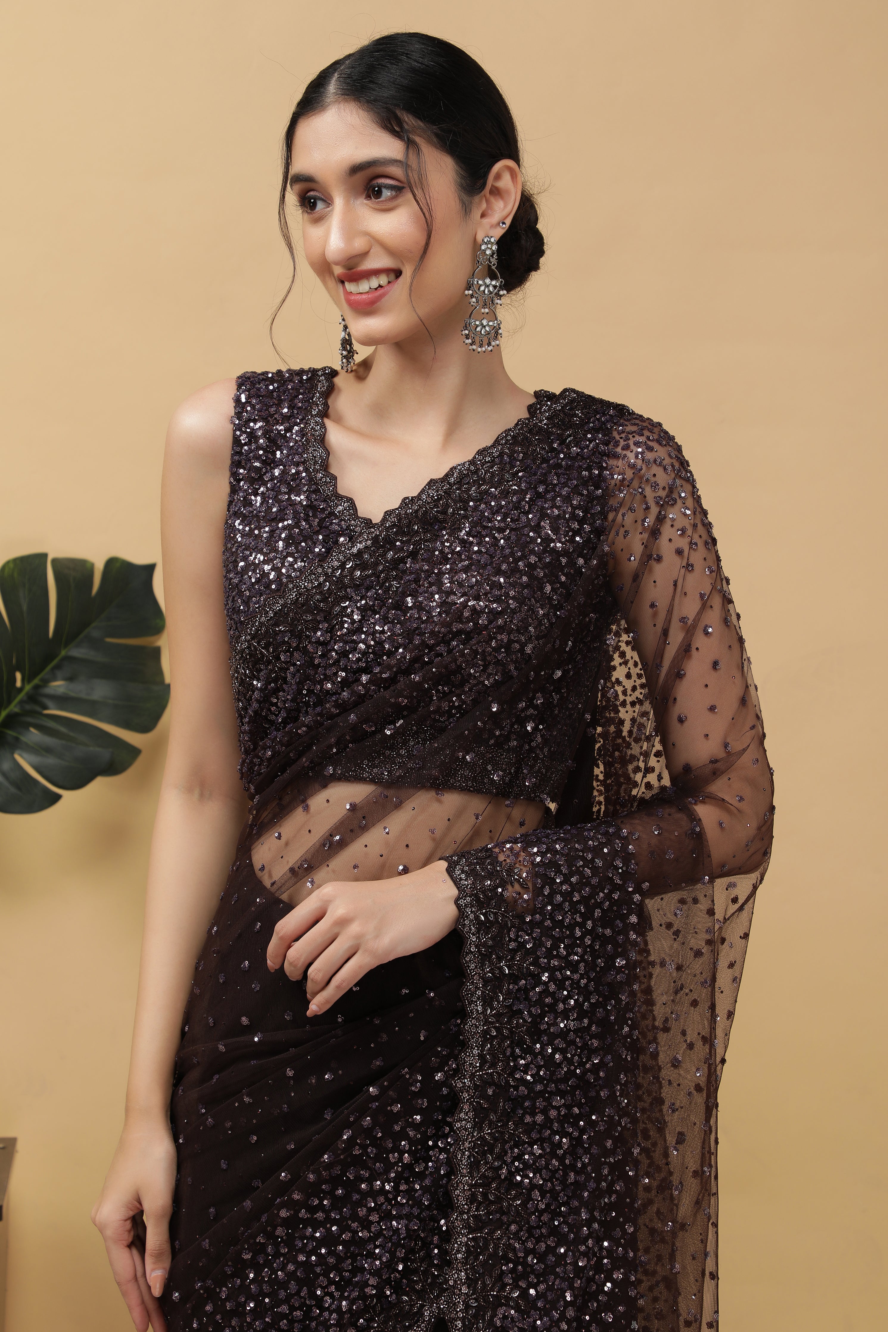 DARK BROWN NET SAREE