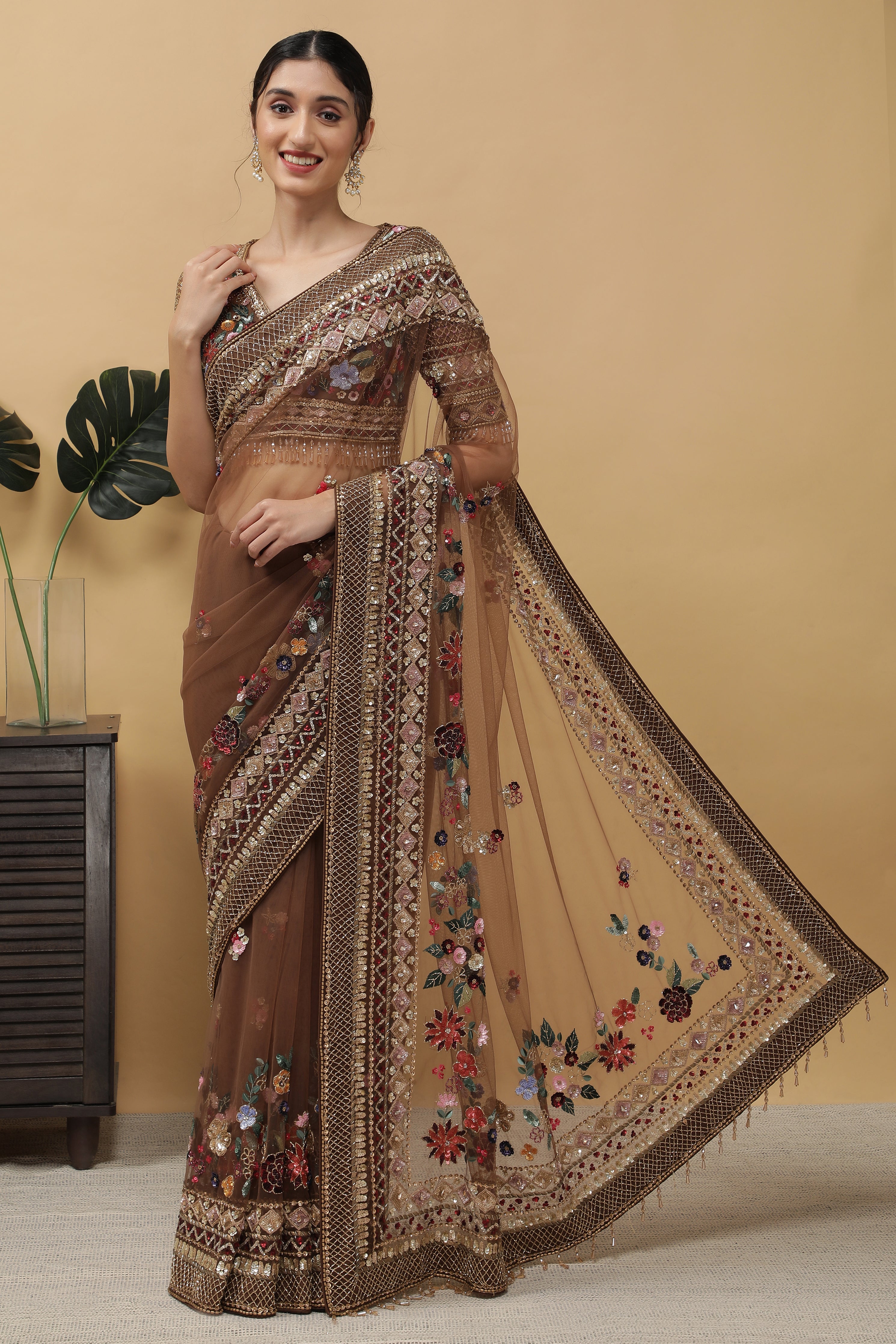 Dark Brown Net Saree