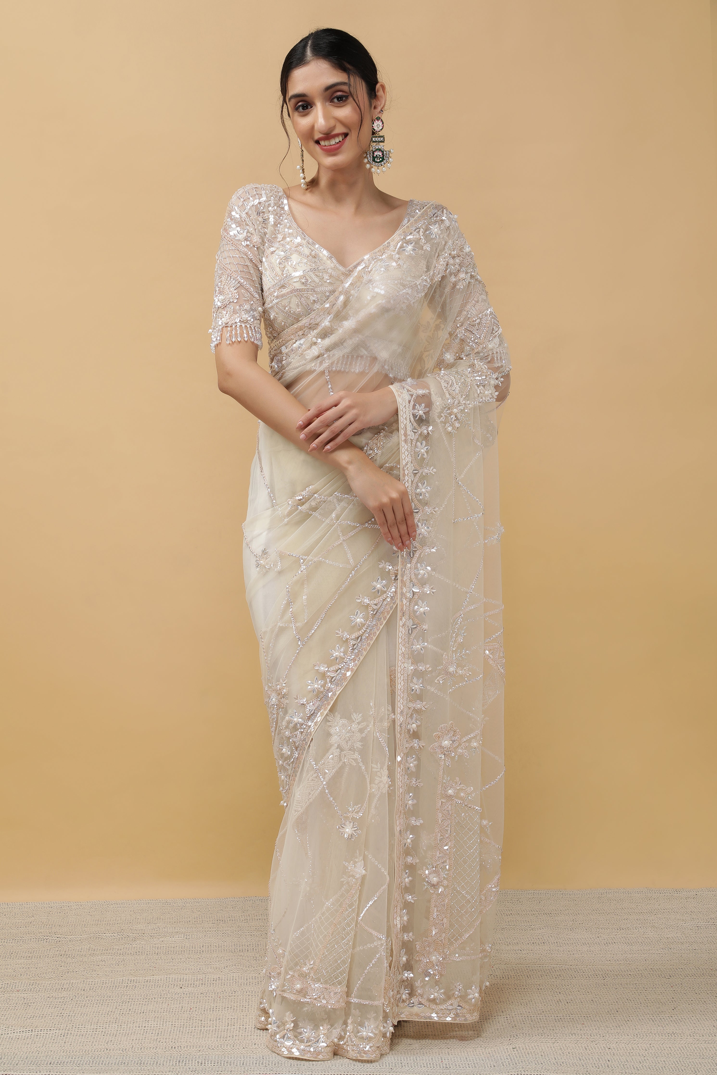 Ivory Net  Saree - Mokshaa