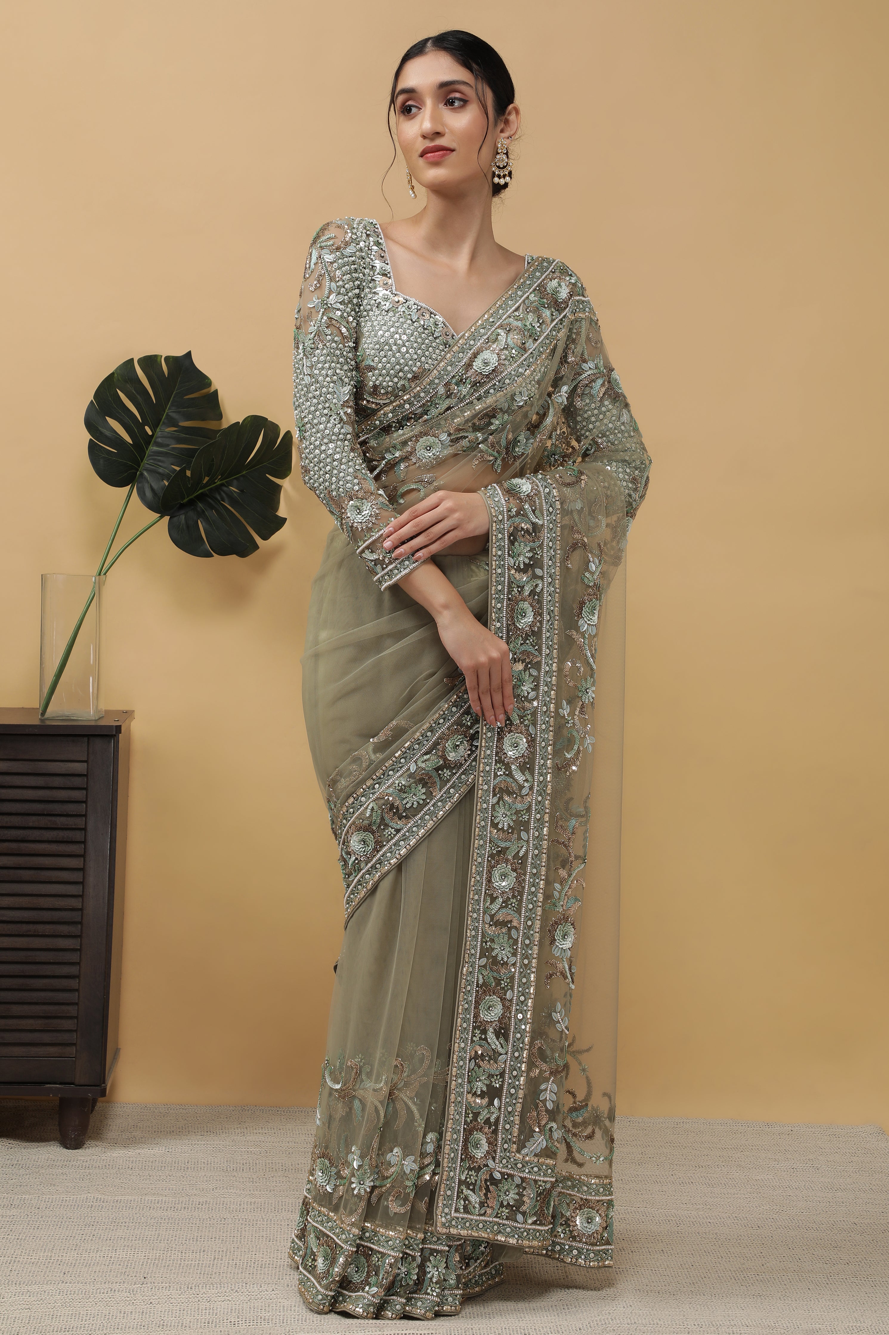 Dusty Green Net Saree - Mokshaa