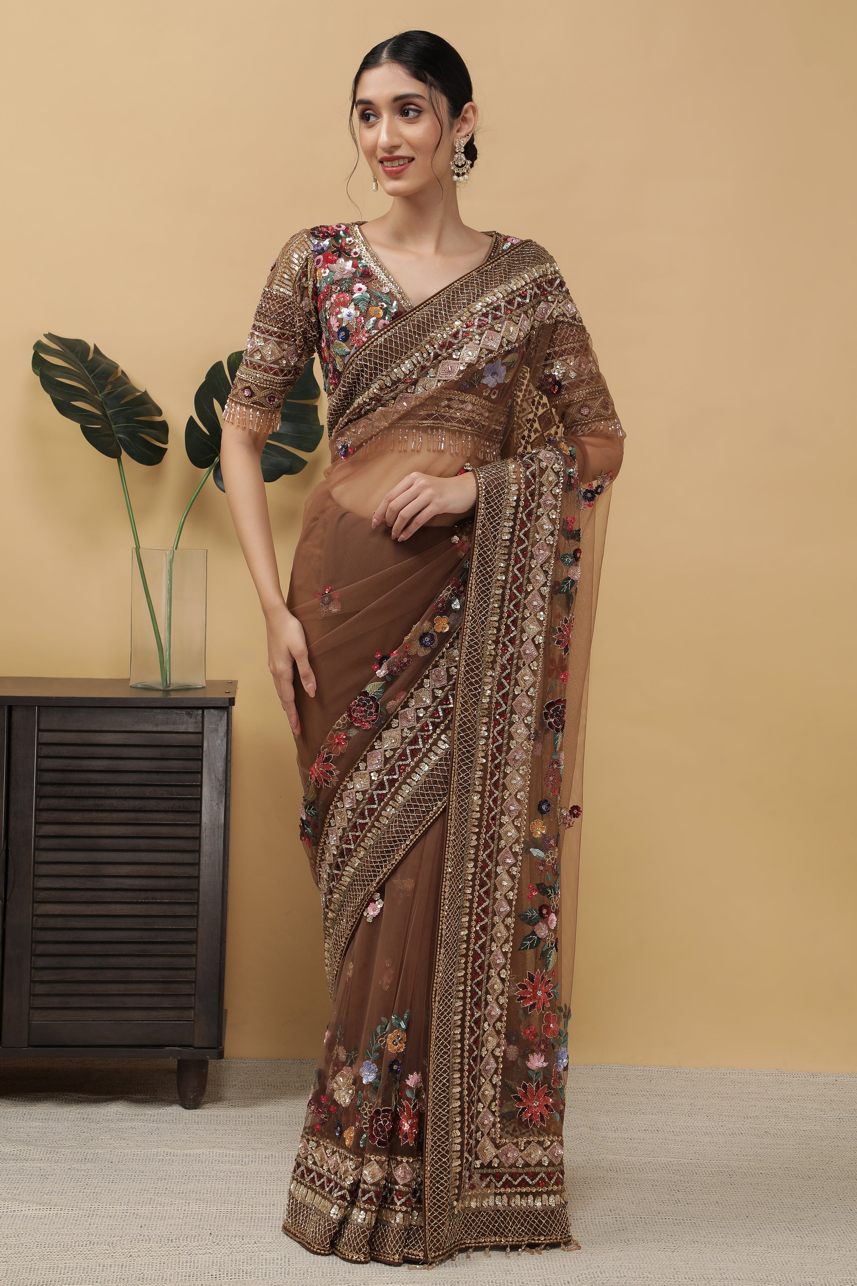 Dark Brown Net Saree