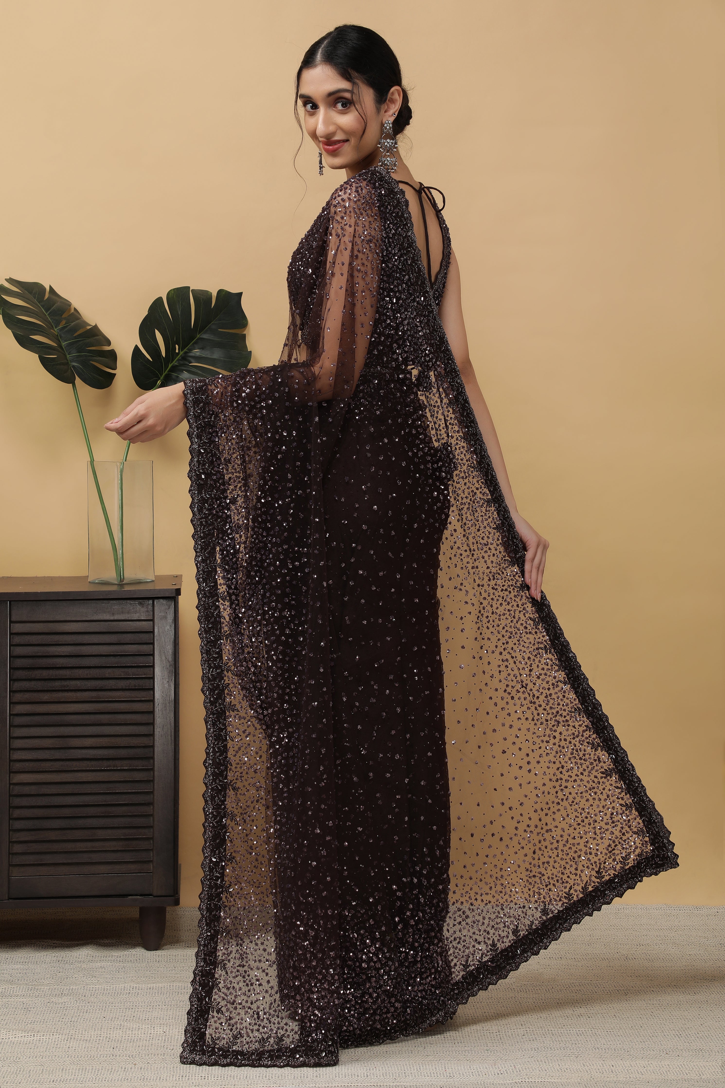 DARK BROWN NET SAREE