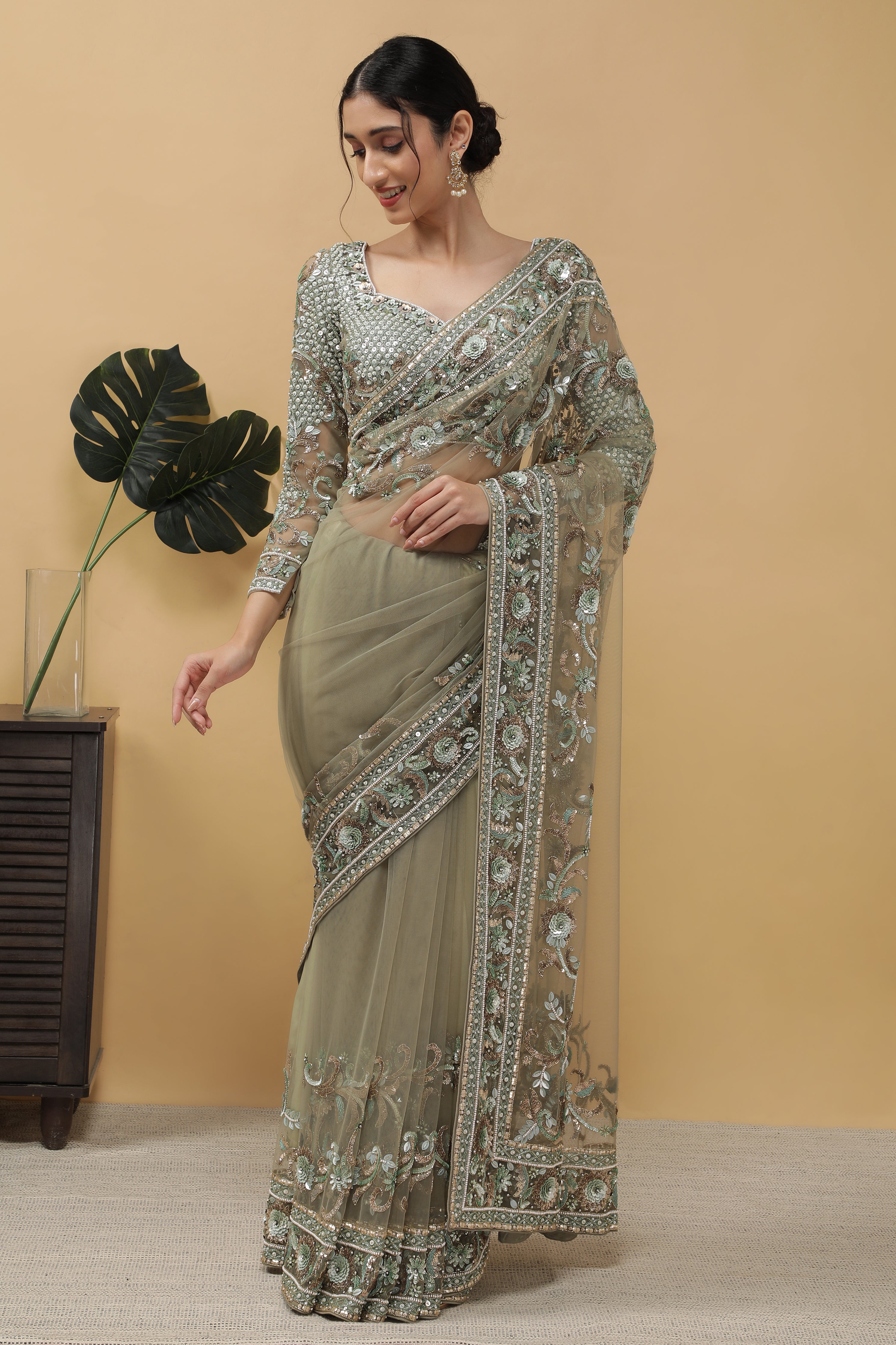 Dusty Green Net Saree