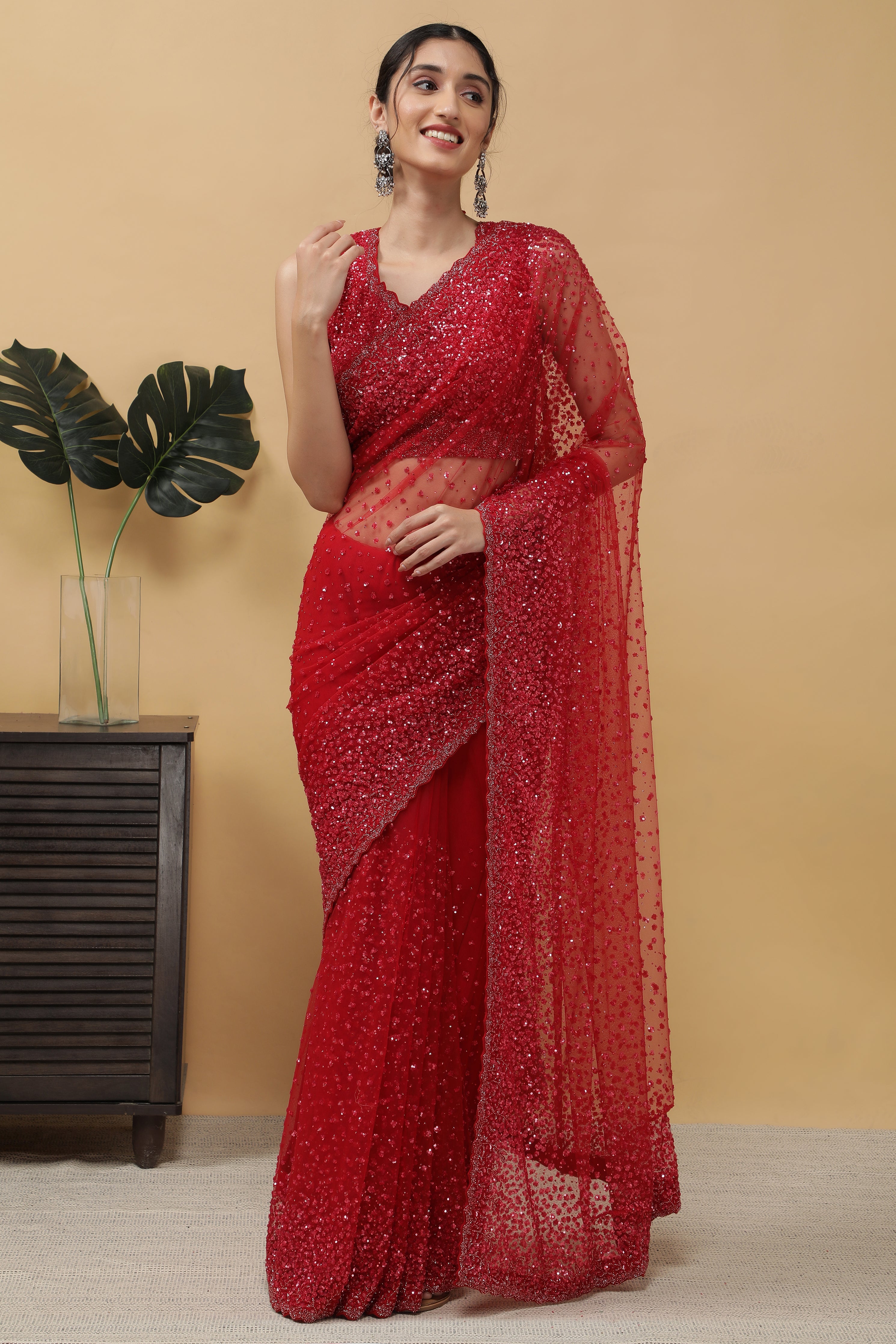 Red Net Saree - Mokshaa