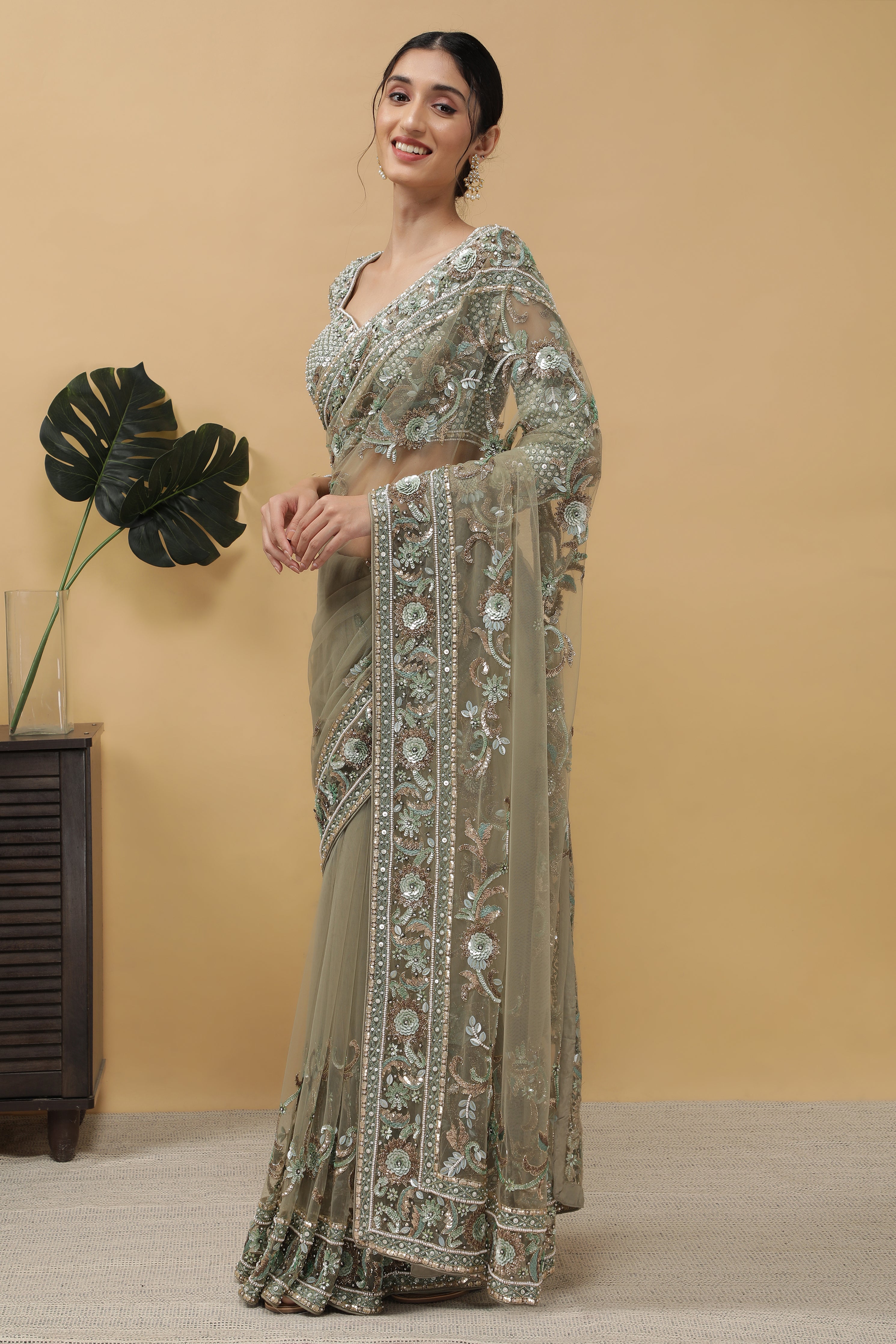 Dusty Green Net Saree