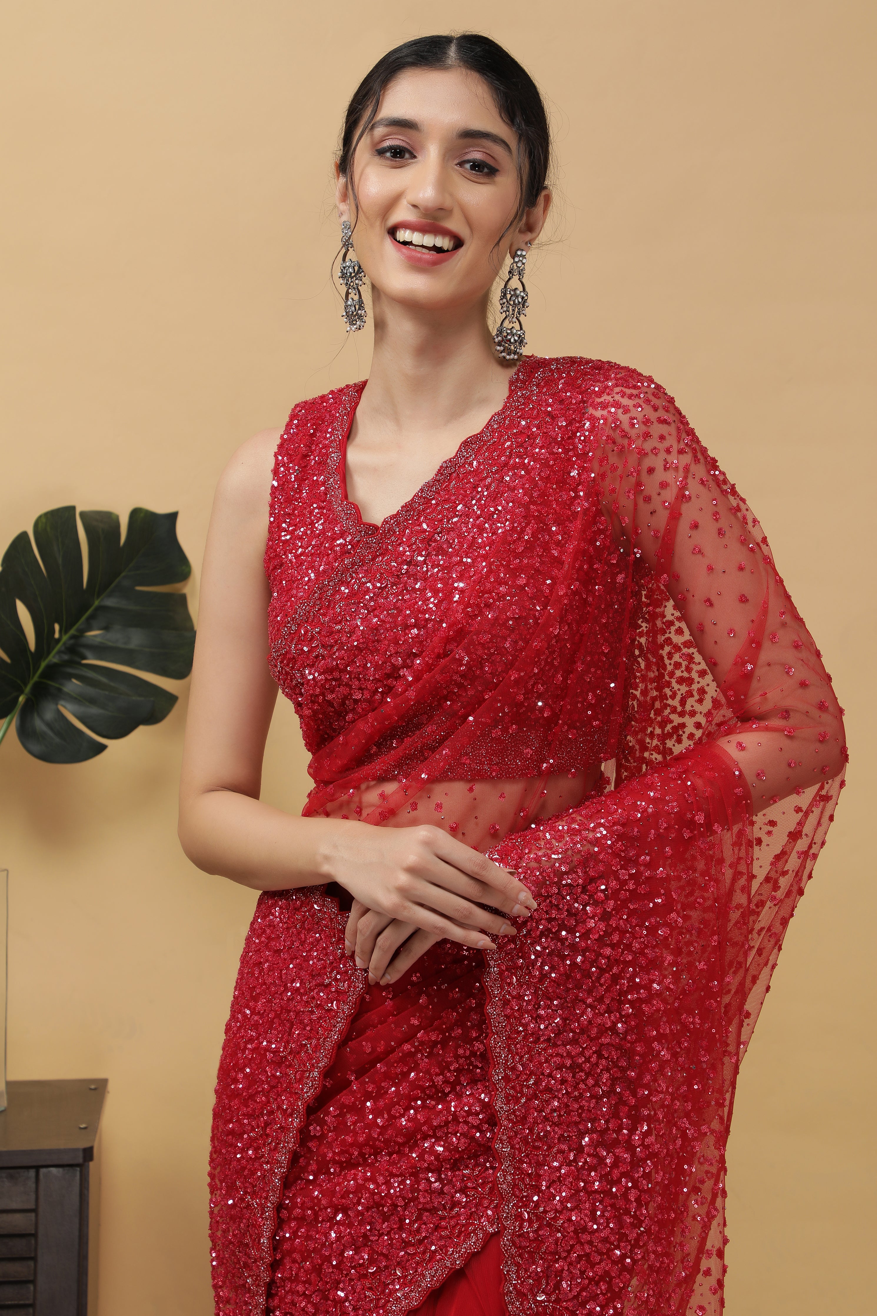 RED NET SAREE