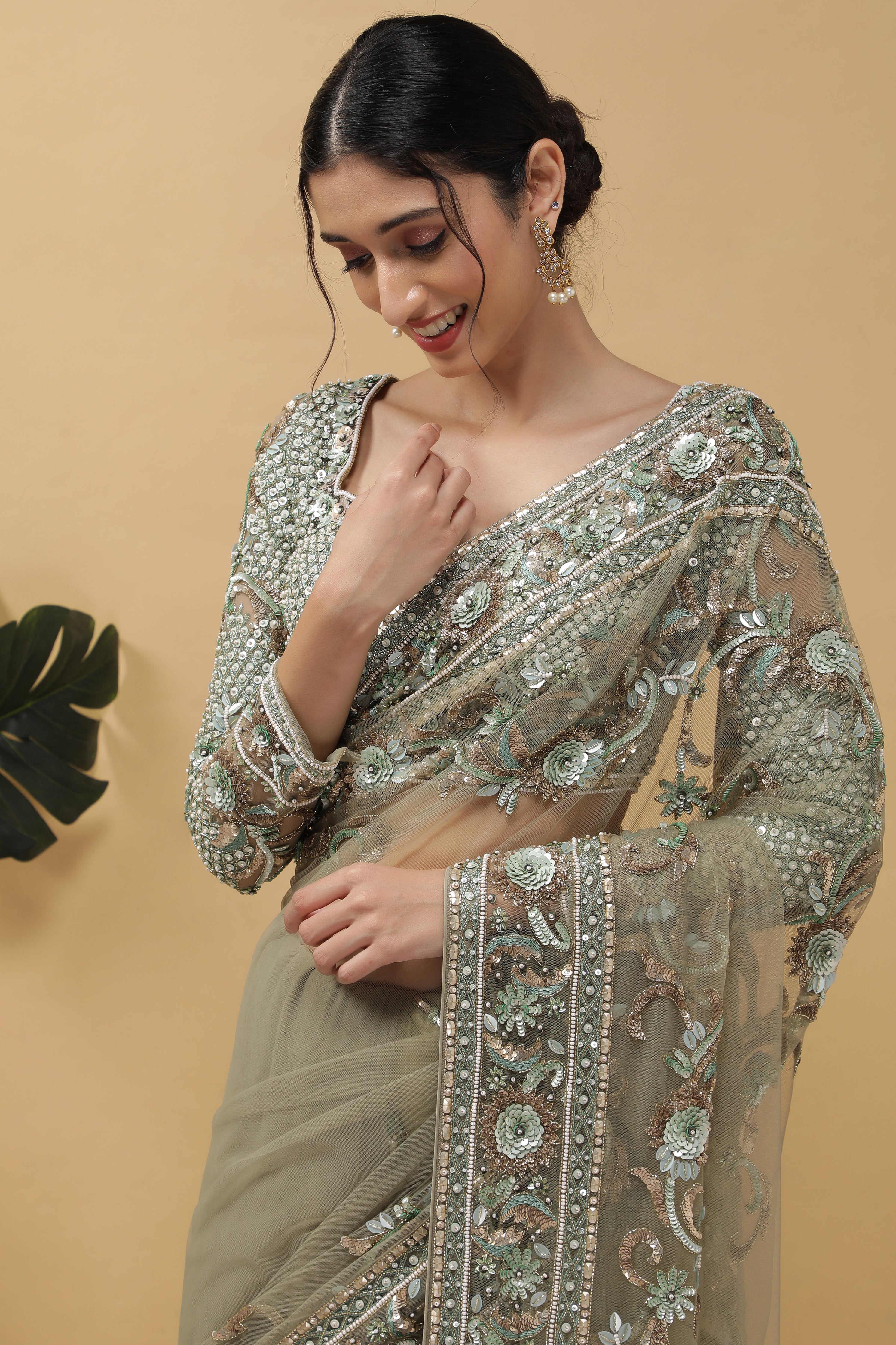 Dusty Green Net Saree