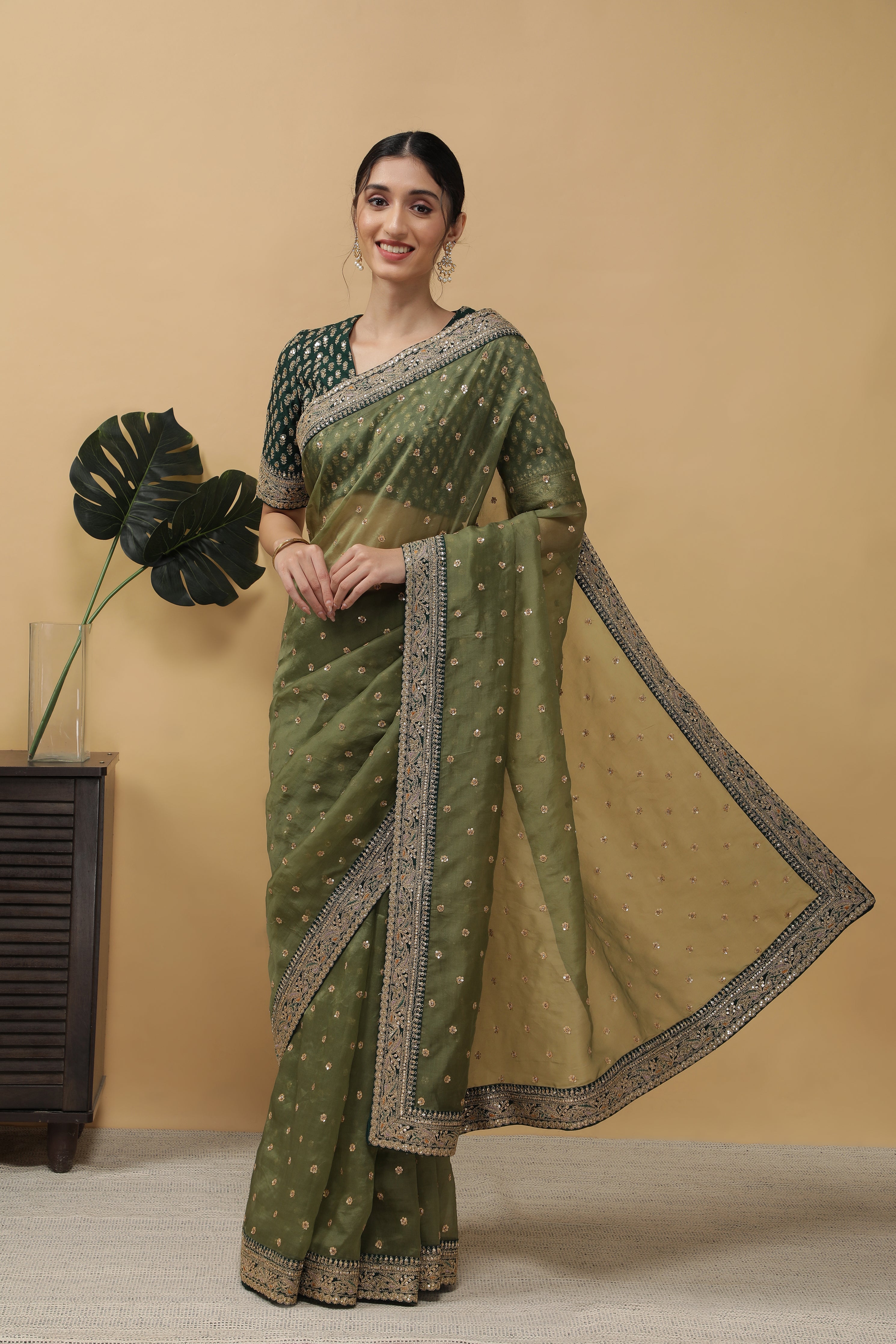 Olive Green Organza Saree - Mokshaa