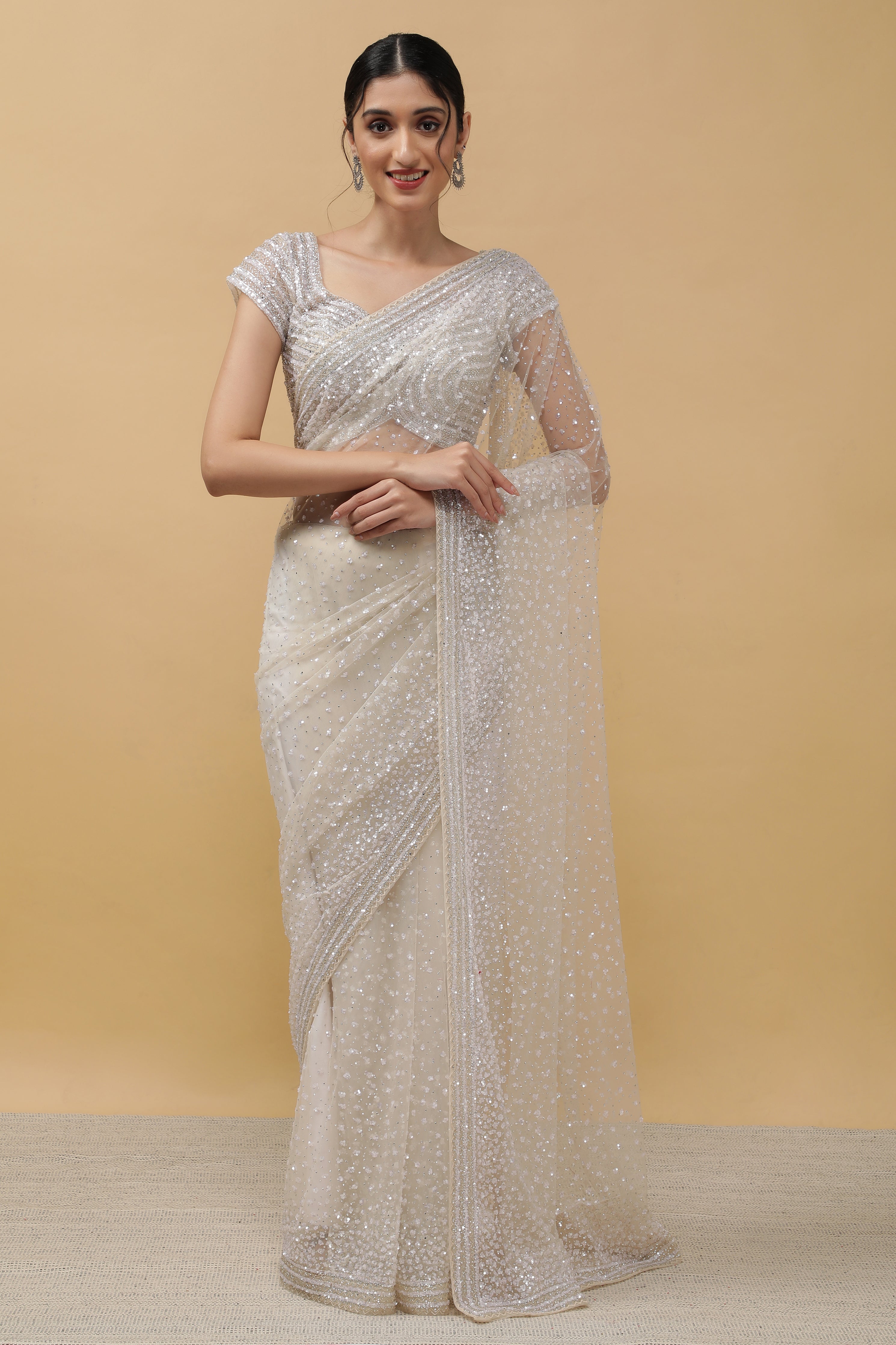 Off White Net Saree - Mokshaa