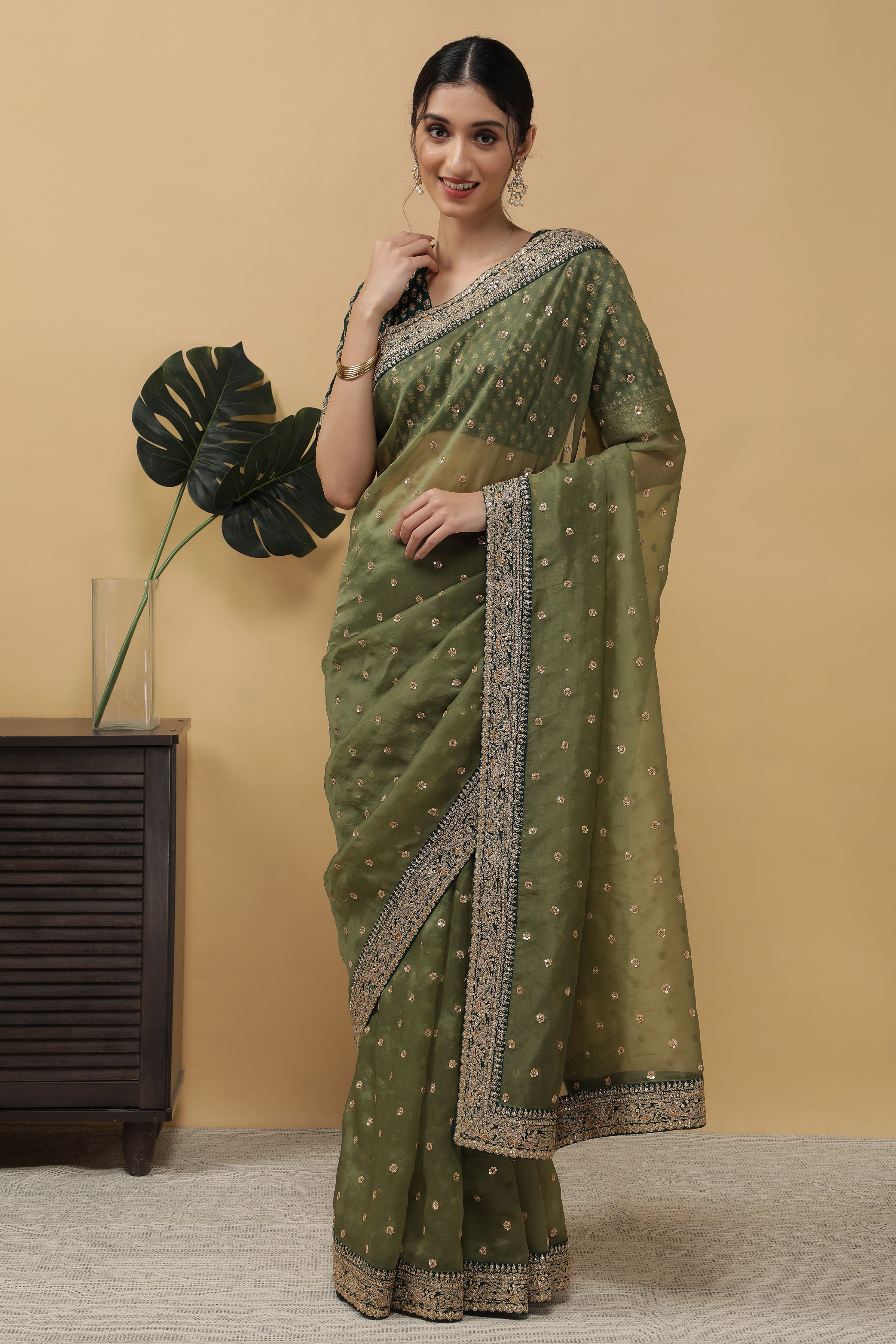 Olive Green Organza Saree - Mokshaa