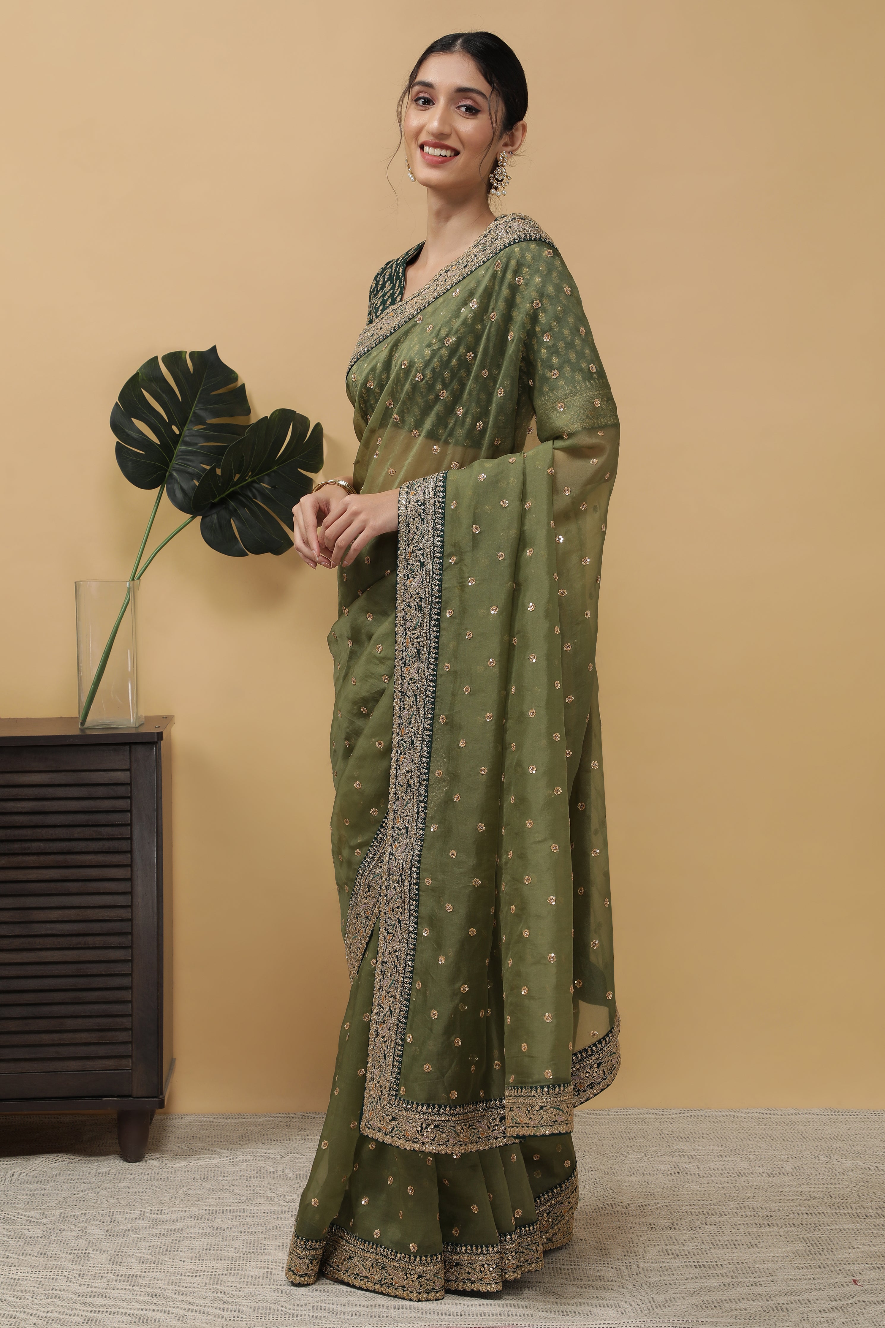 Olive Green Organza Saree - Mokshaa