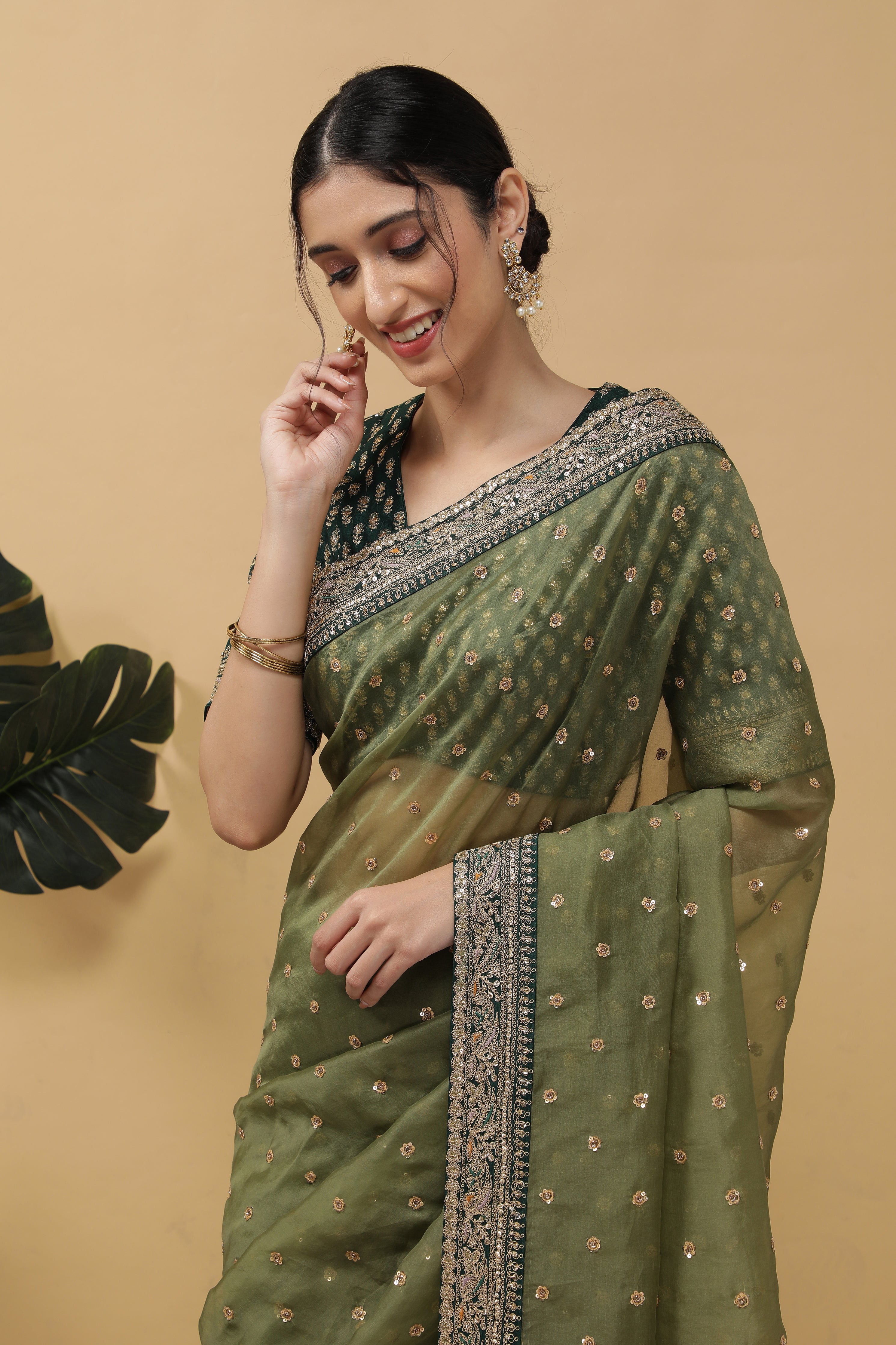 Olive Green Organza Saree - Mokshaa