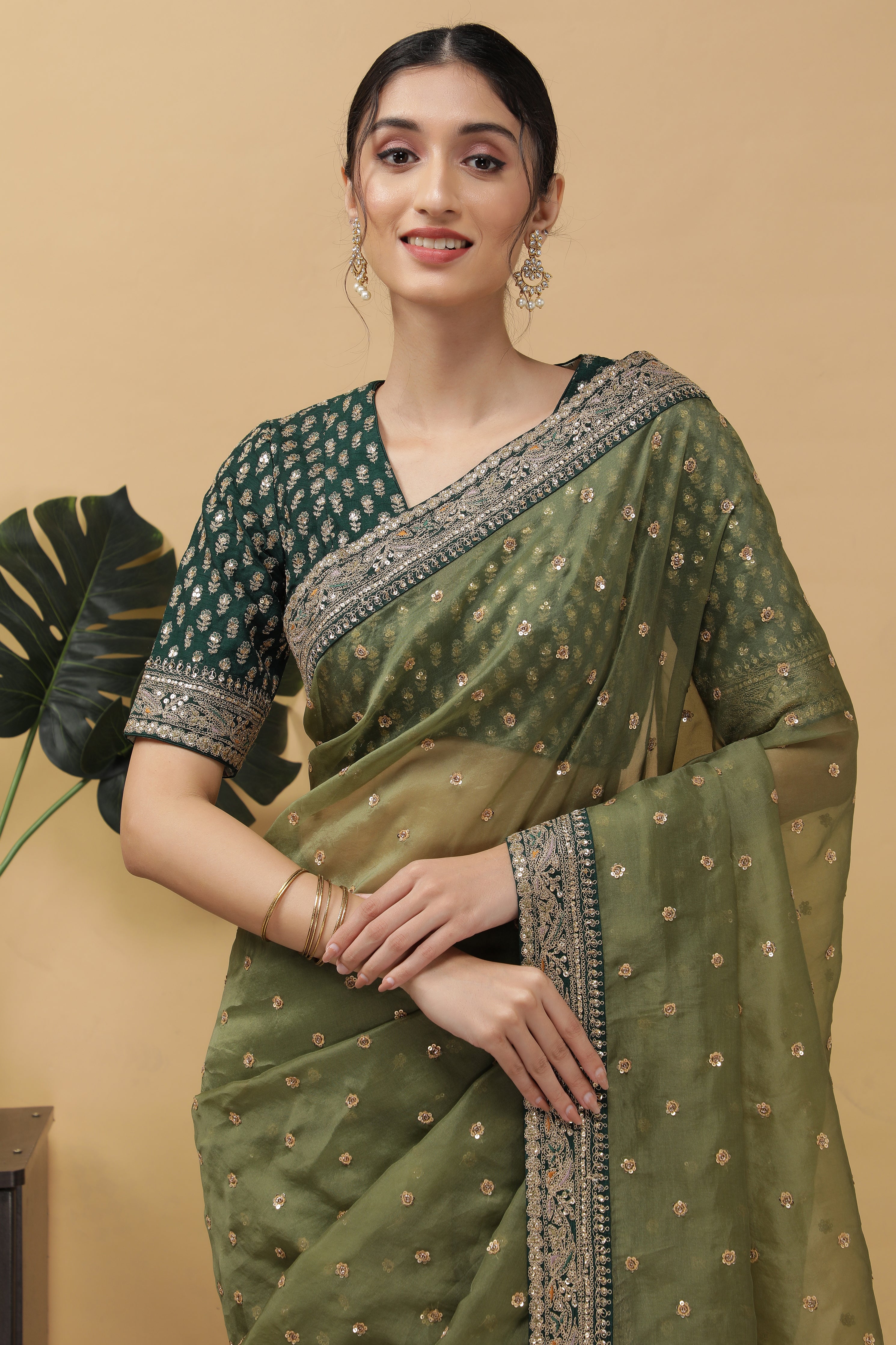 Olive Green Organza Saree - Mokshaa