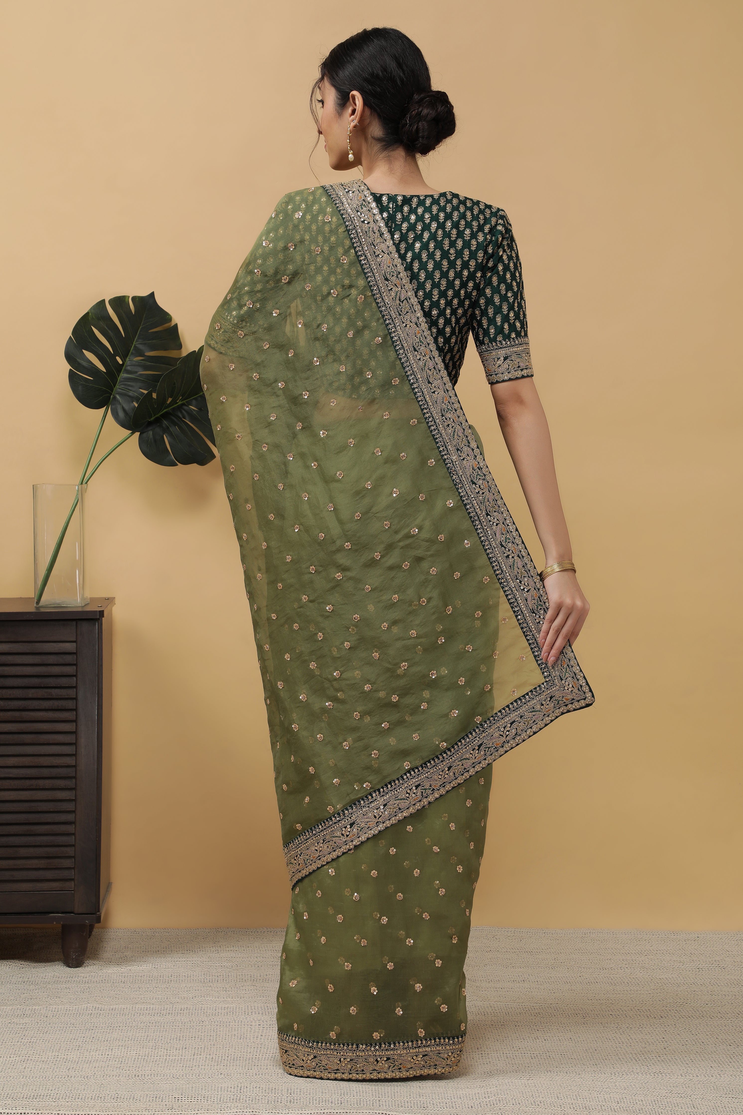 Olive Green Organza Saree - Mokshaa