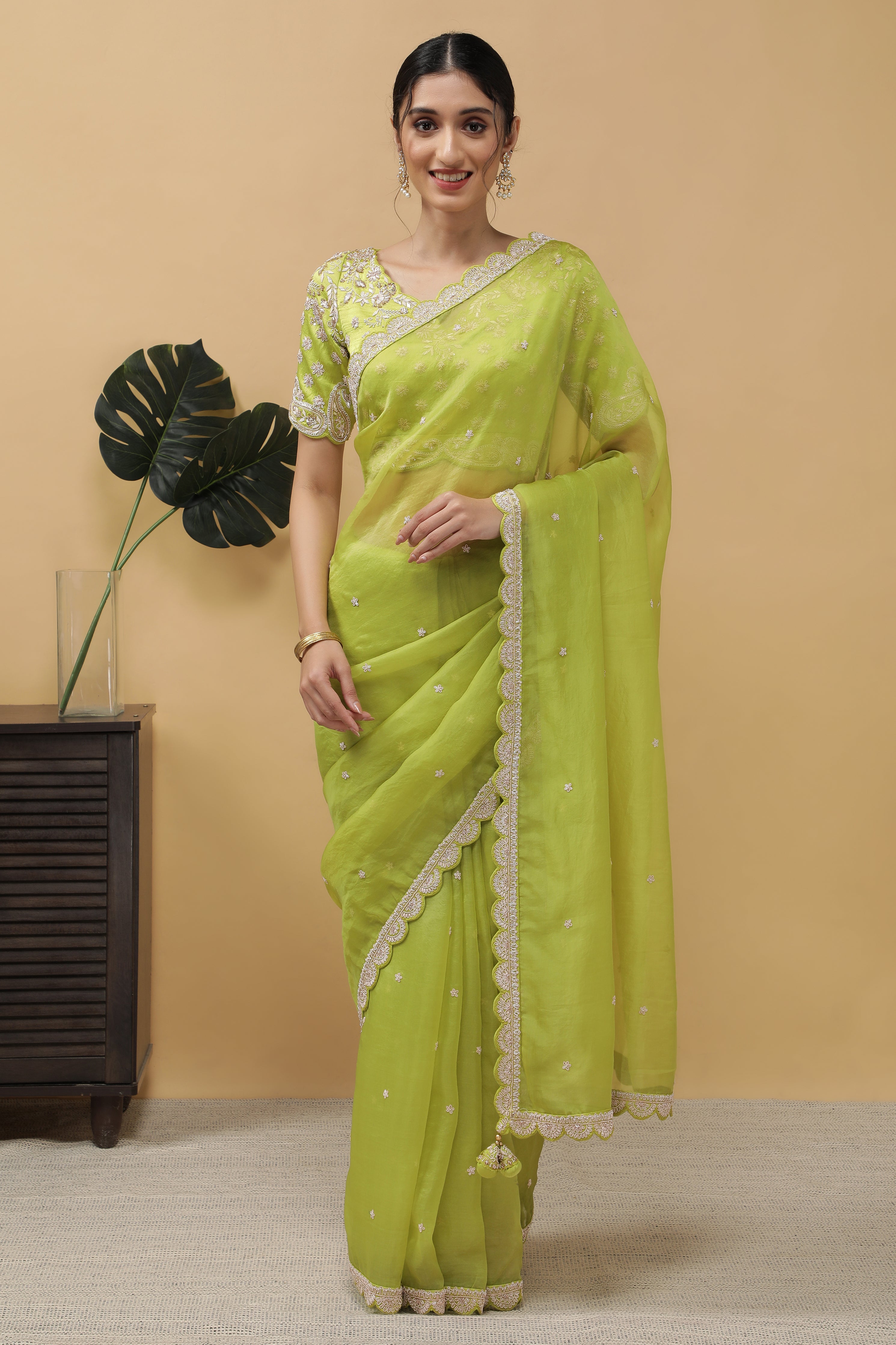 Light Green Organza Saree - Mokshaa