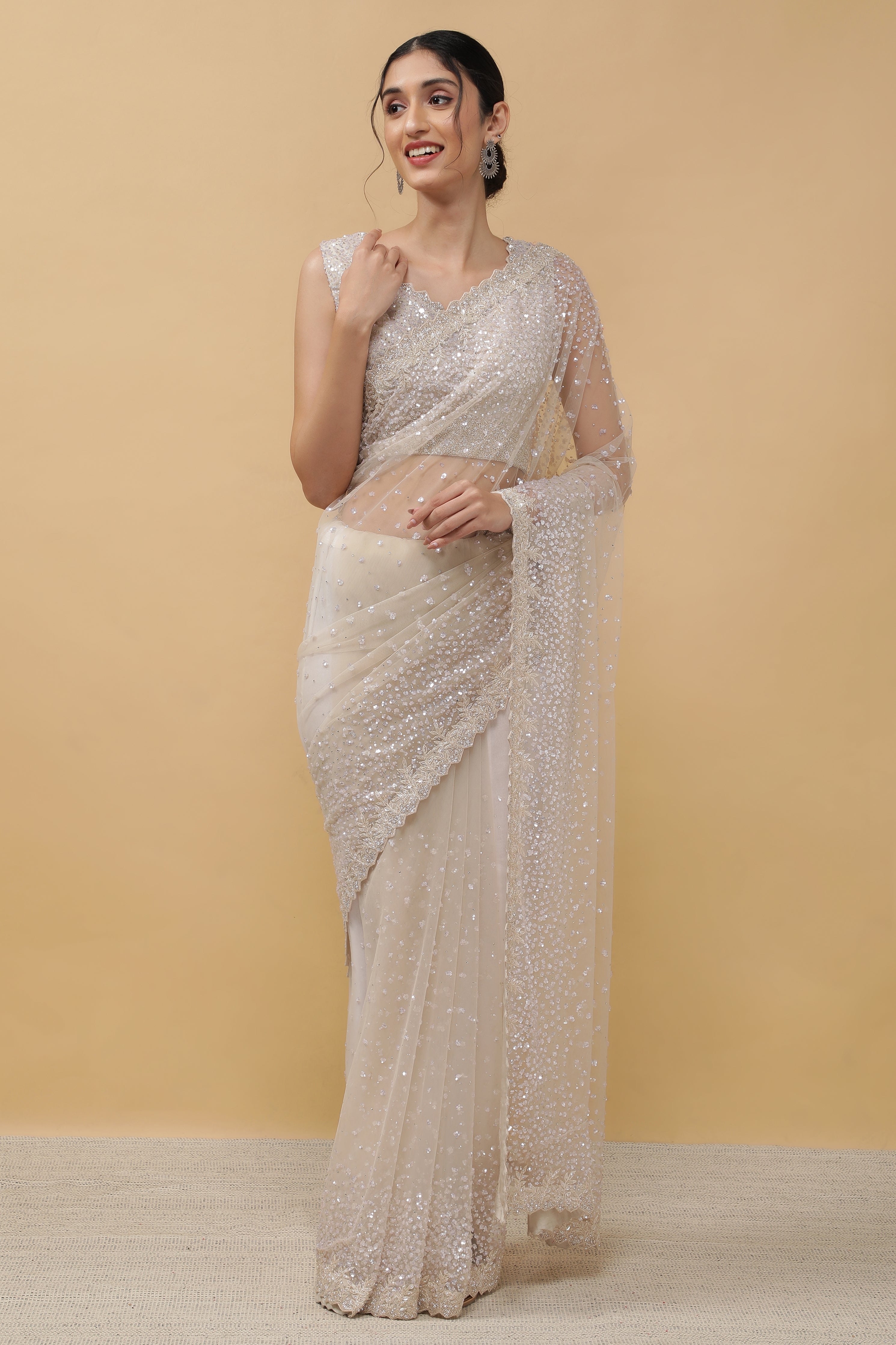 Off White Net Saree - Mokshaa