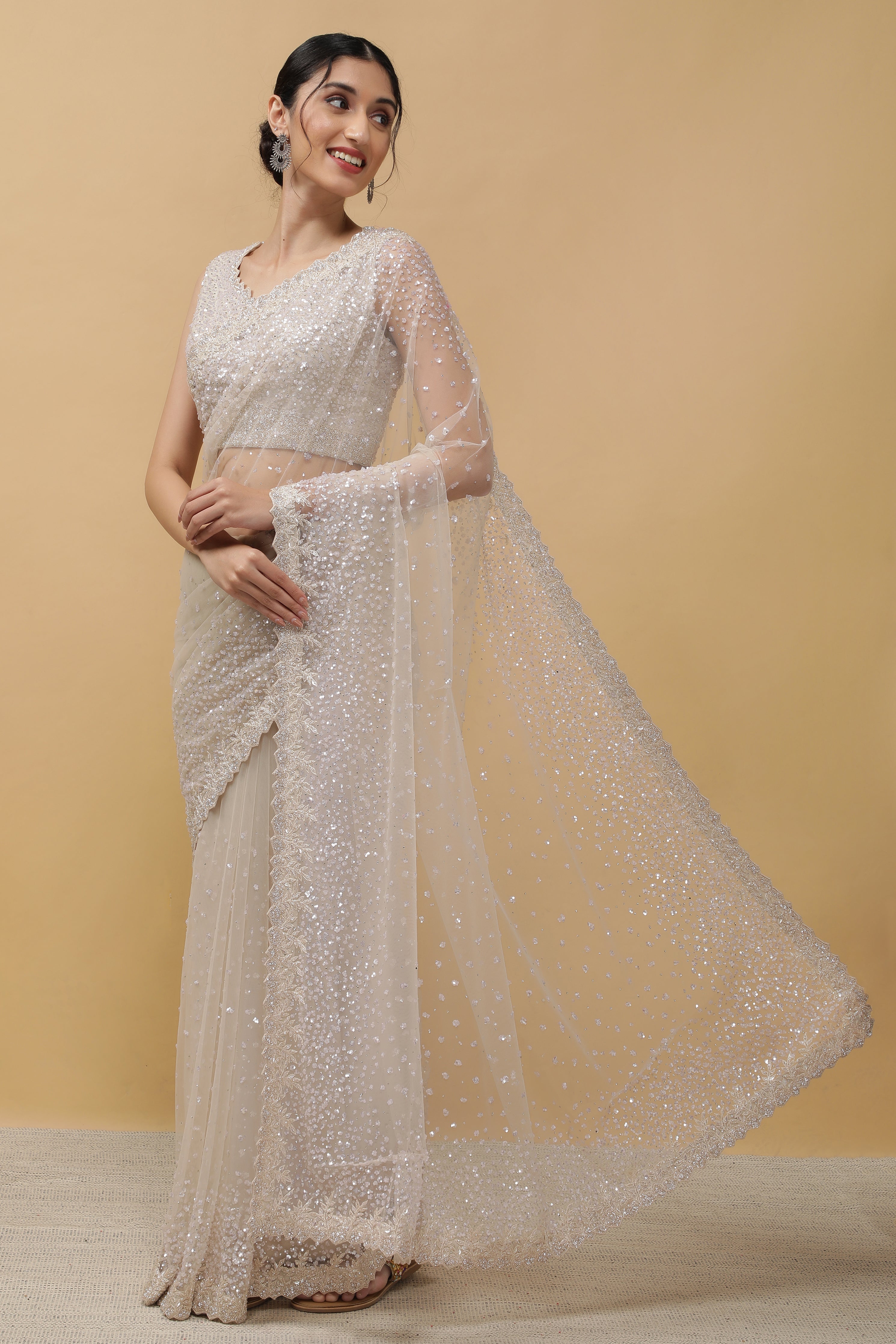 Off White Net Saree - Mokshaa