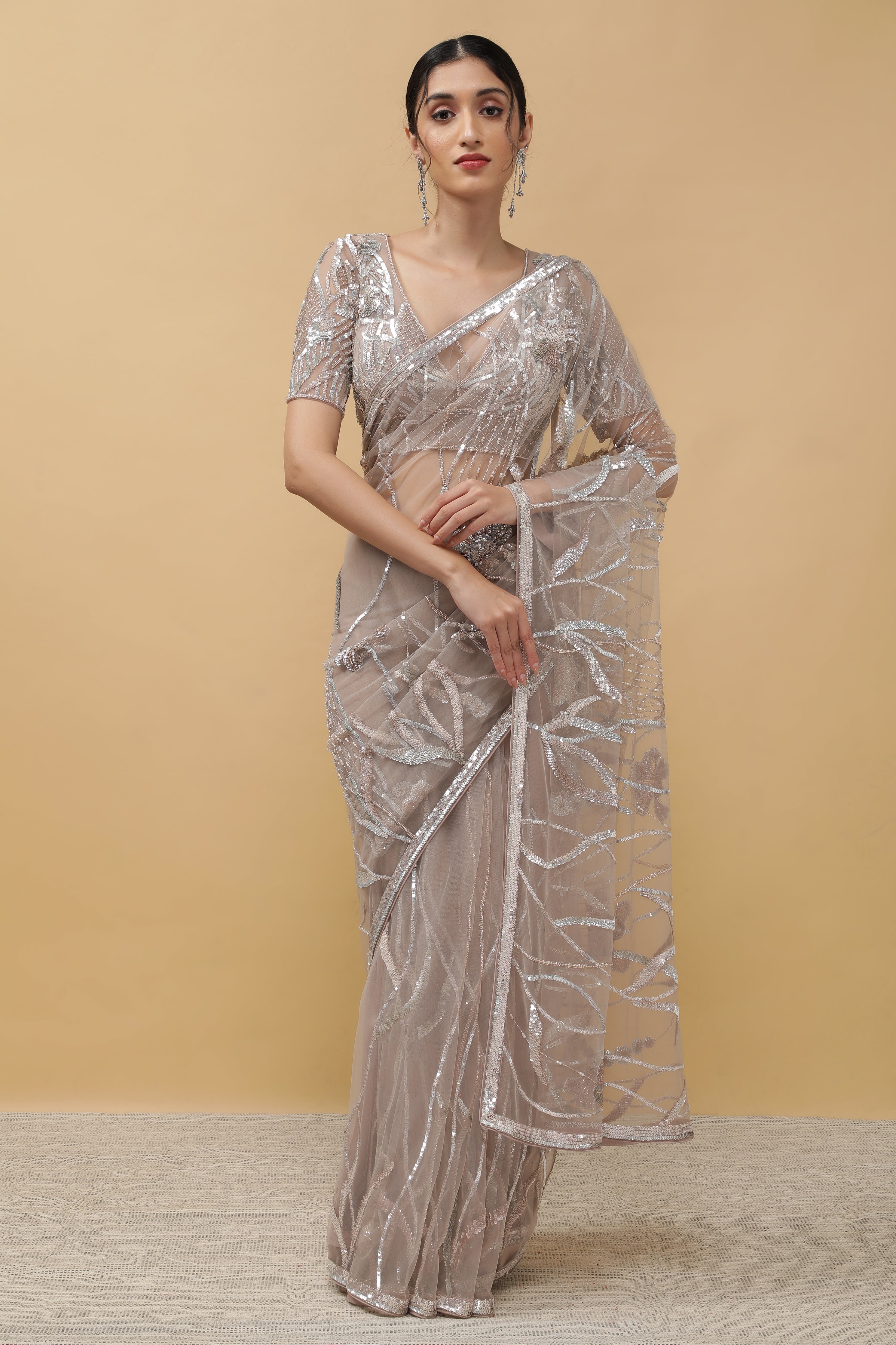 Onion Beige Net Saree - Mokshaa