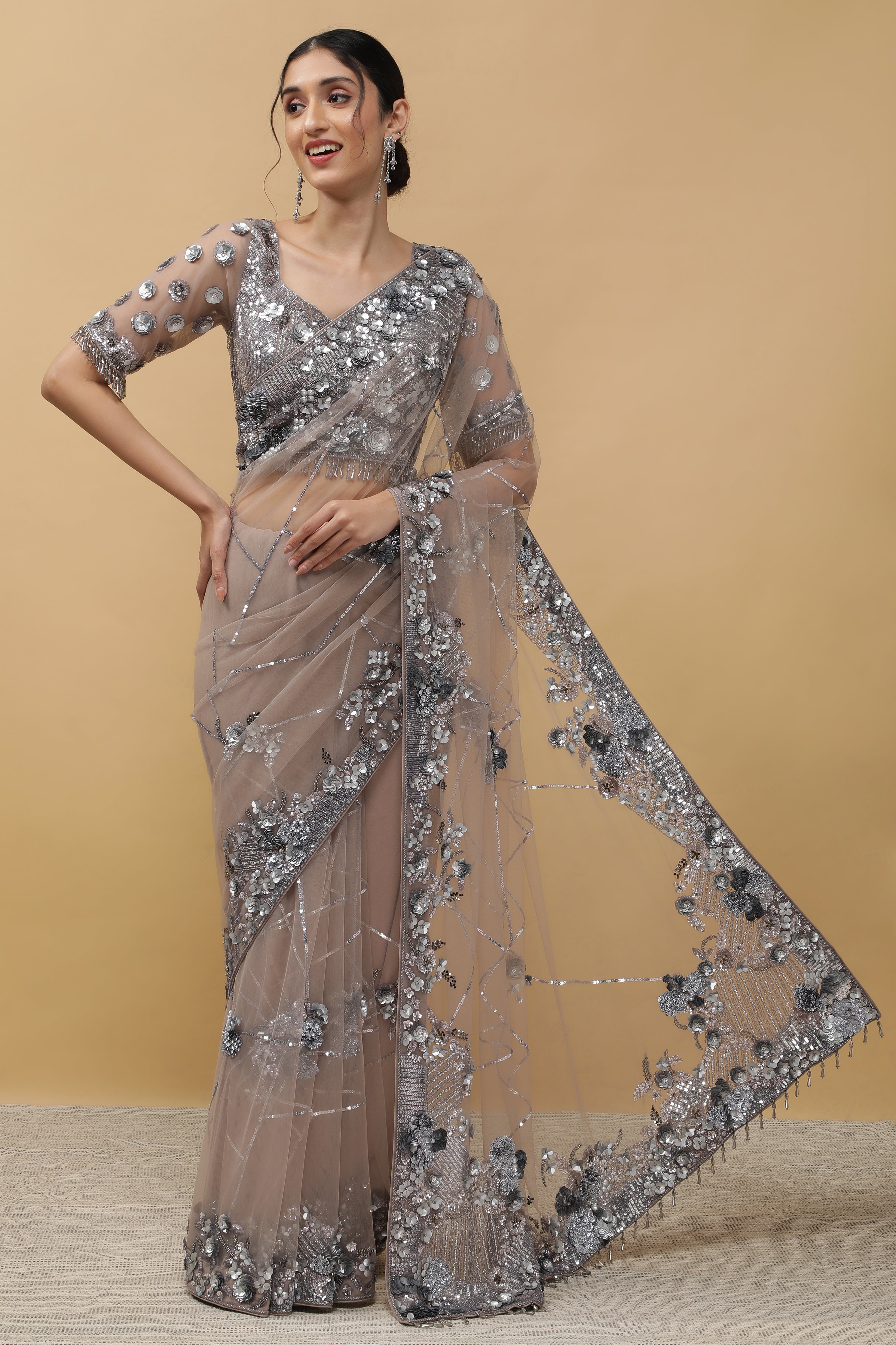 ONION BEIGE NET SAREE