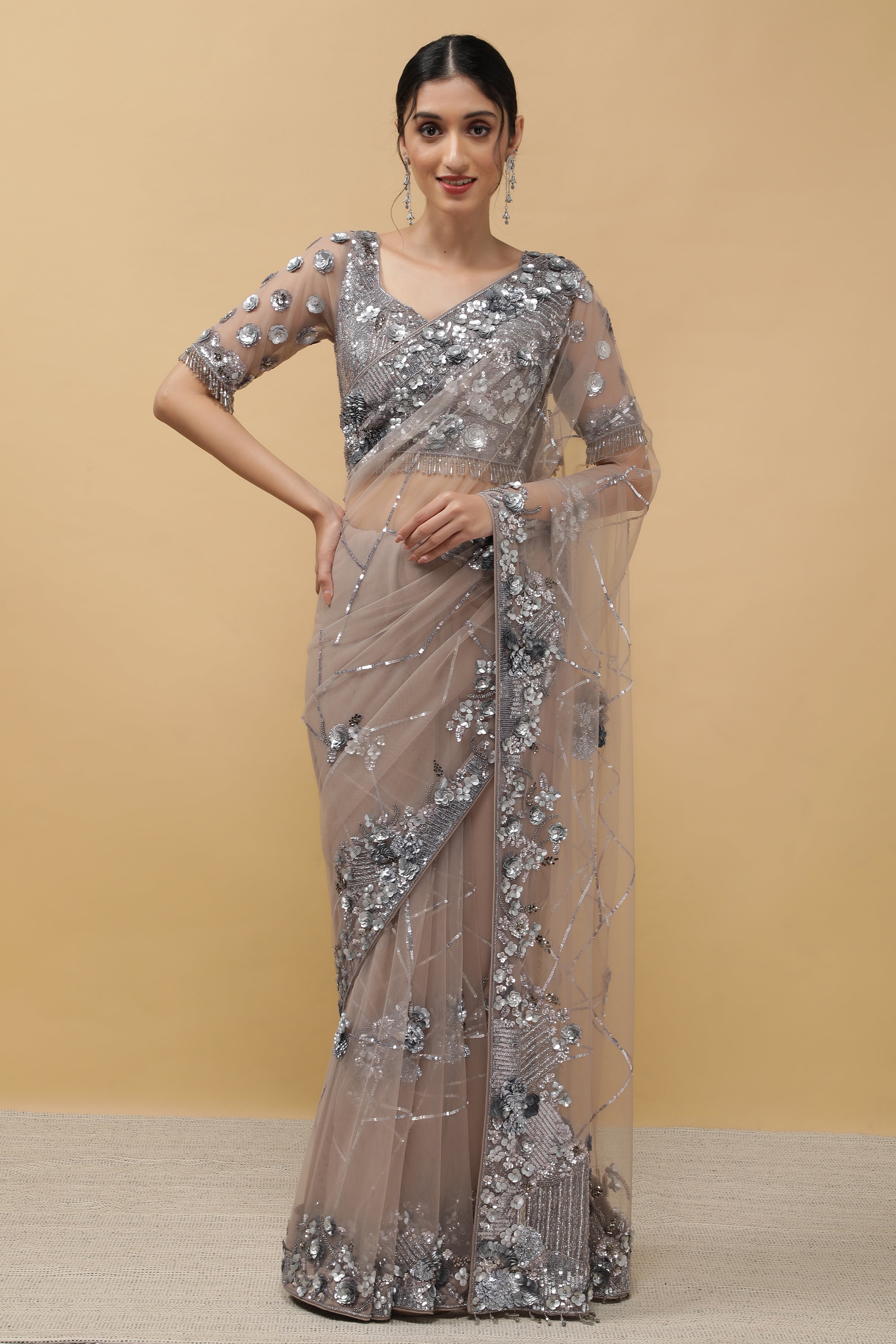 ONION BEIGE NET SAREE