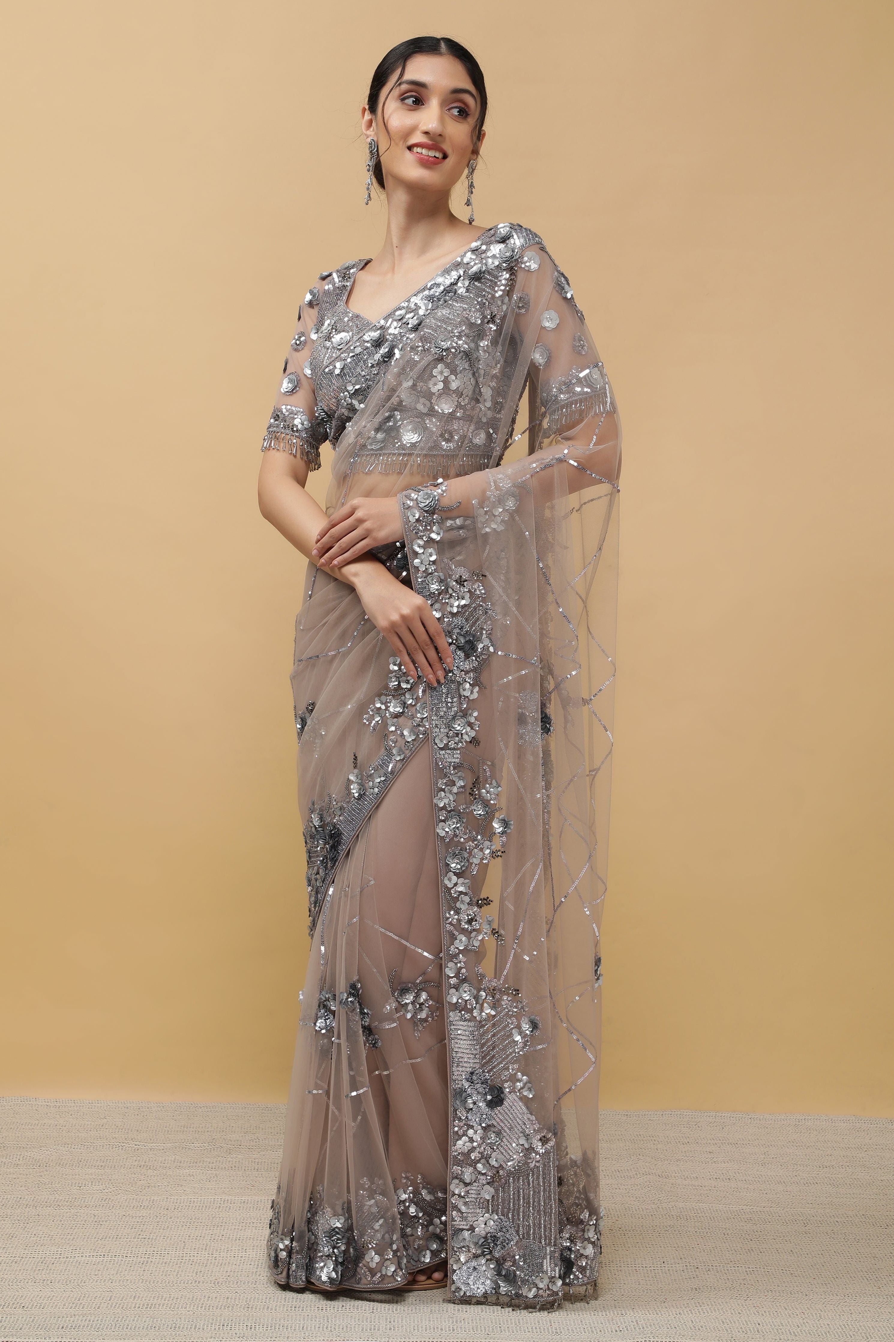 Onion Beige Net Saree - Mokshaa