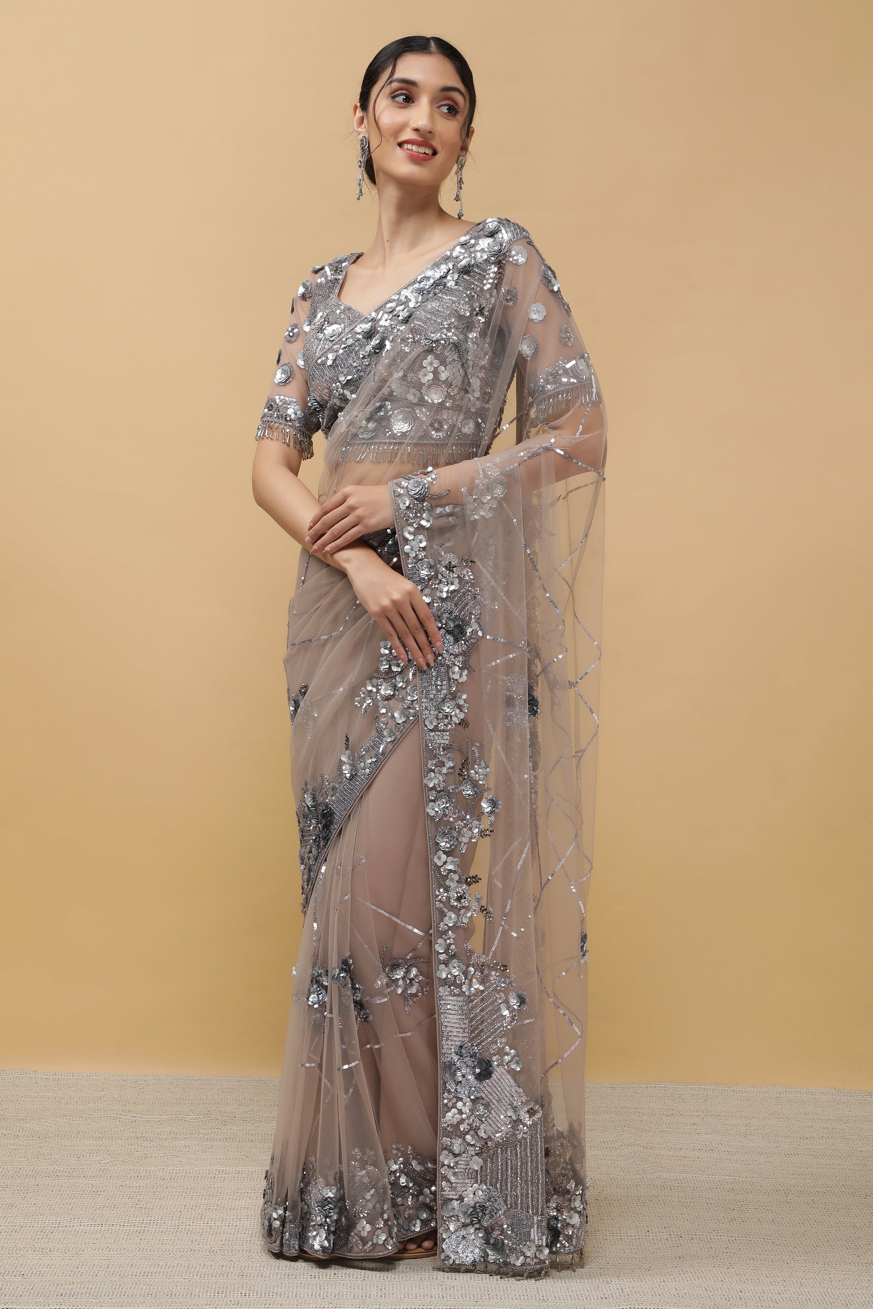 ONION BEIGE NET SAREE