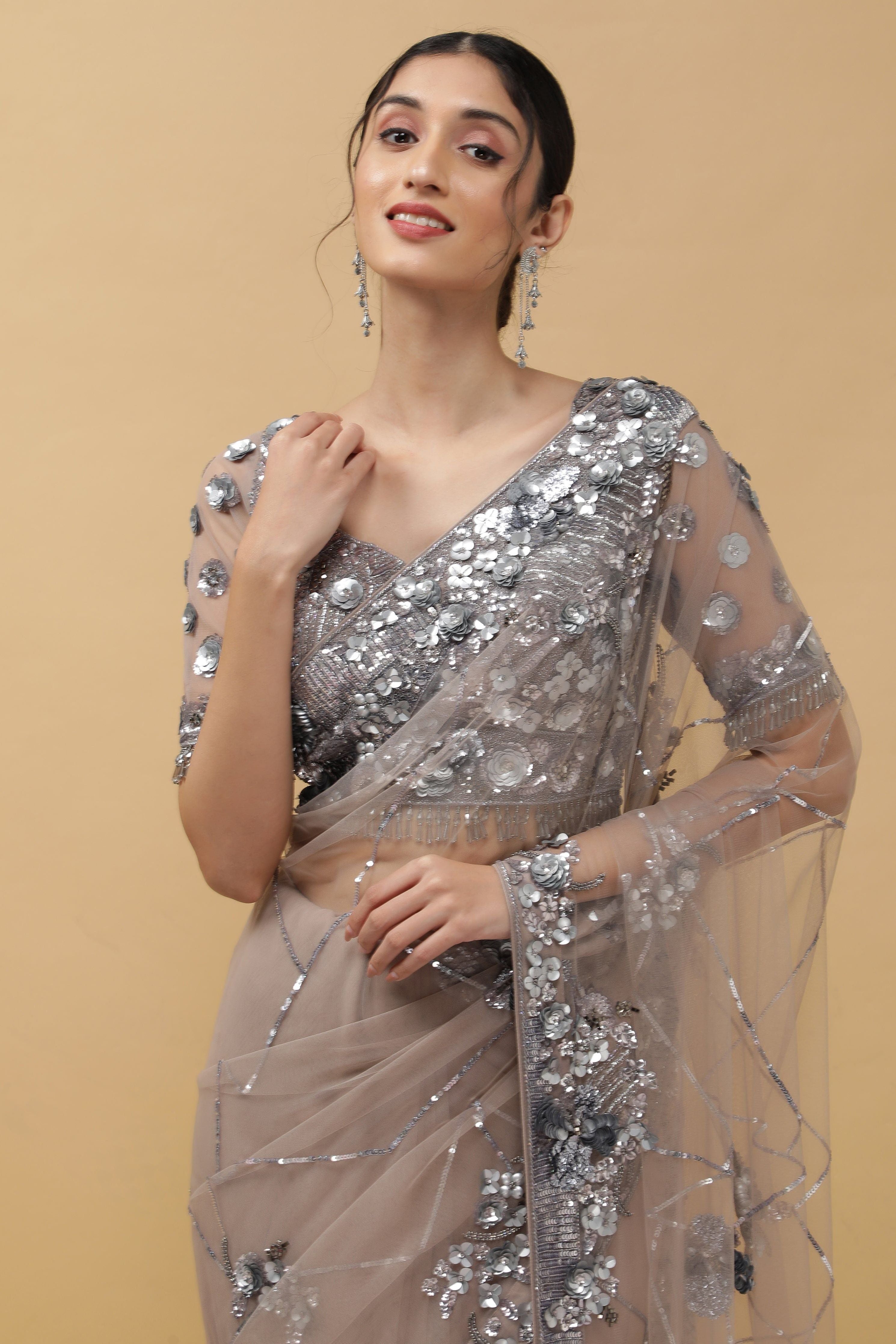 Onion Beige Net Saree - Mokshaa
