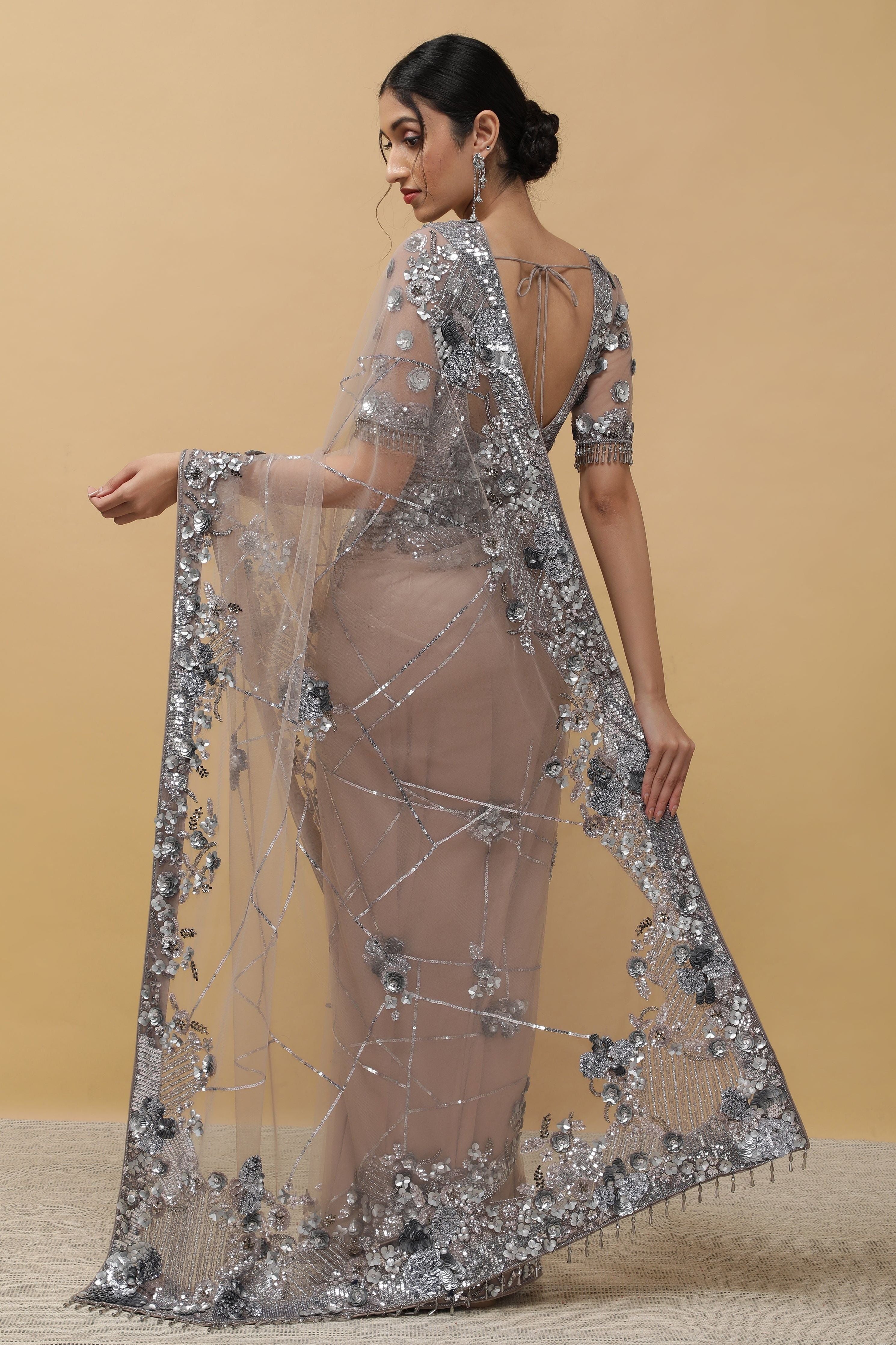 Onion Beige Net Saree - Mokshaa