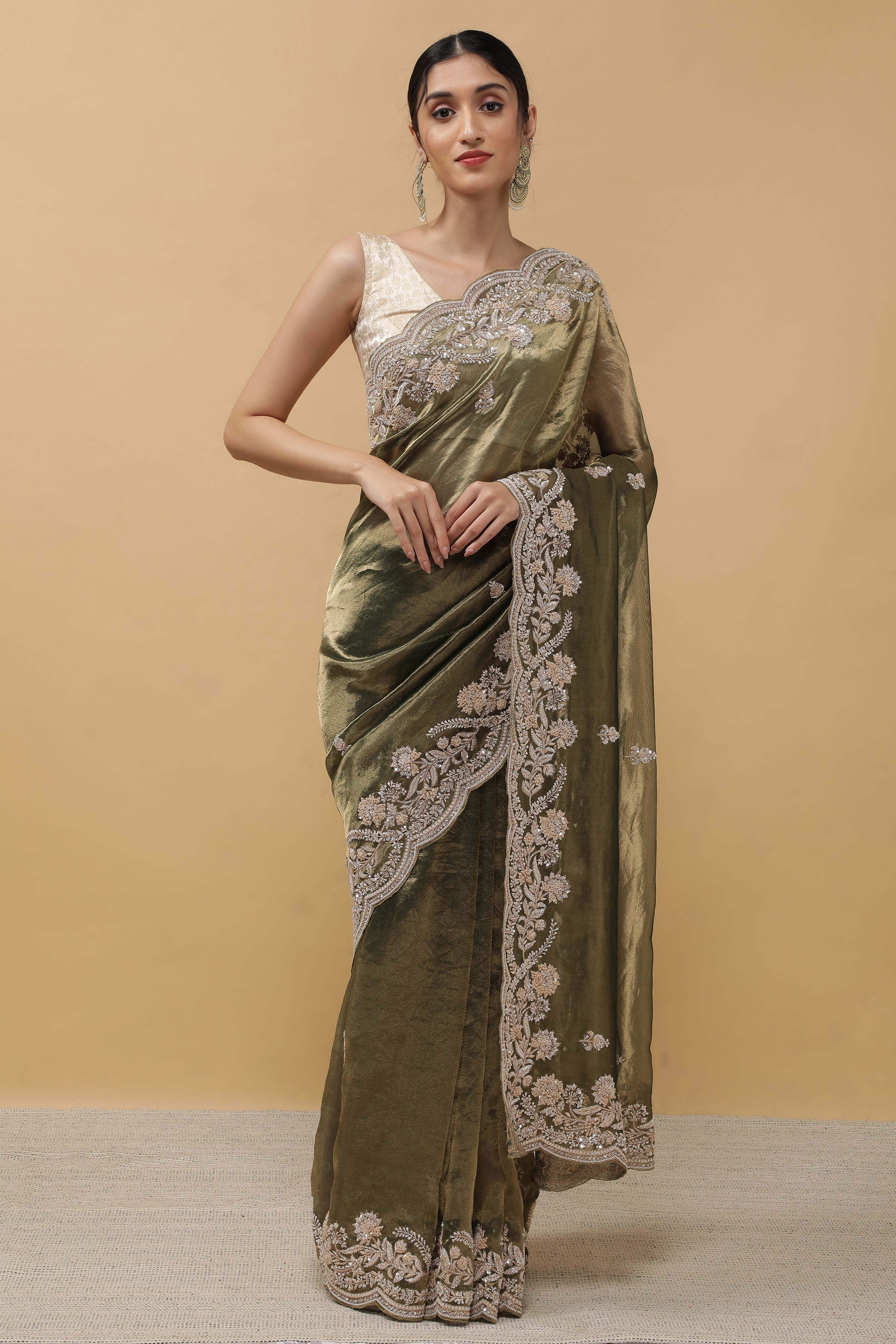 Rust Green Tissue Saree - Mokshaa