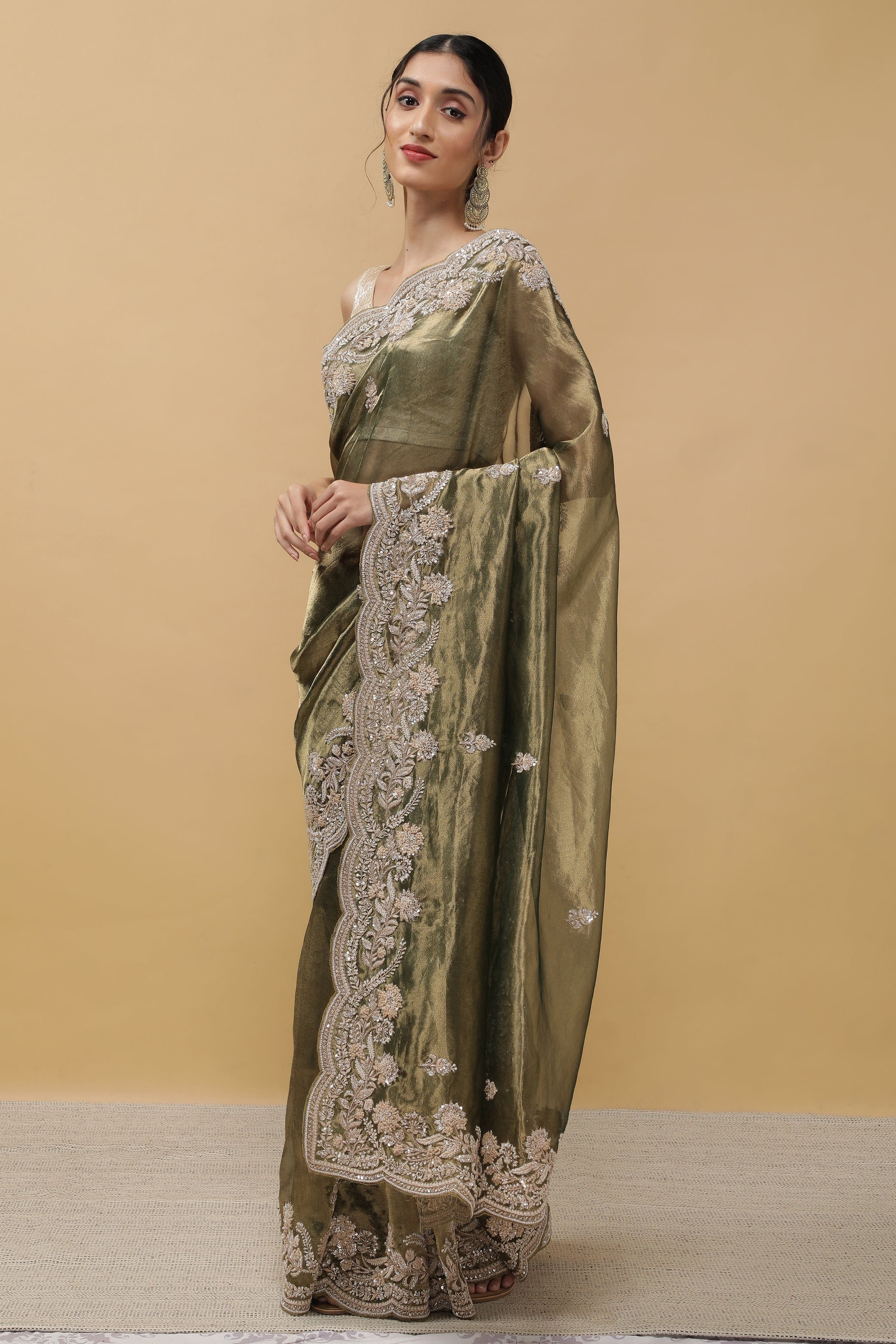 Rust Green Tissue Saree - Mokshaa