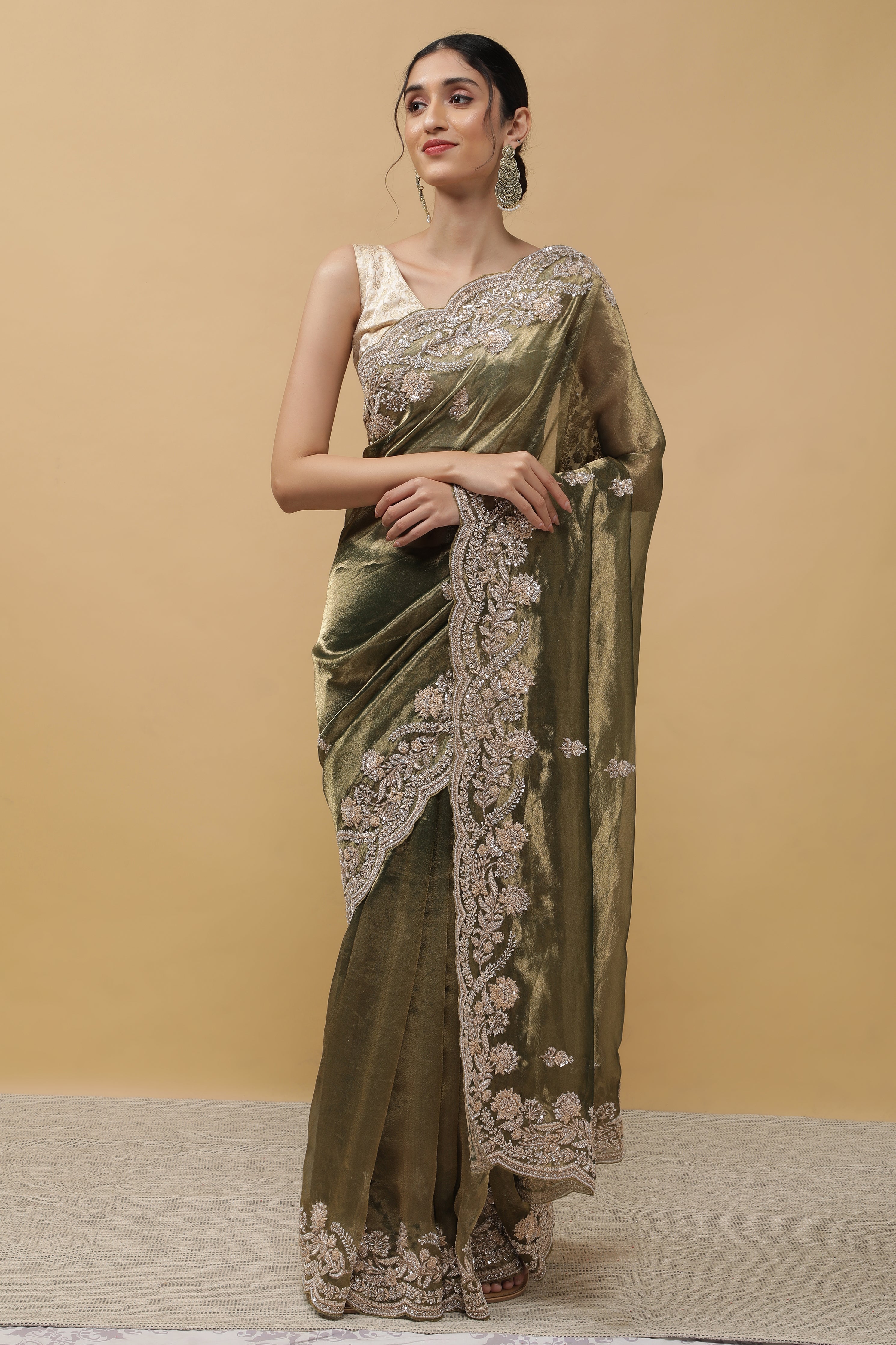 Rust Green Tissue Saree - Mokshaa