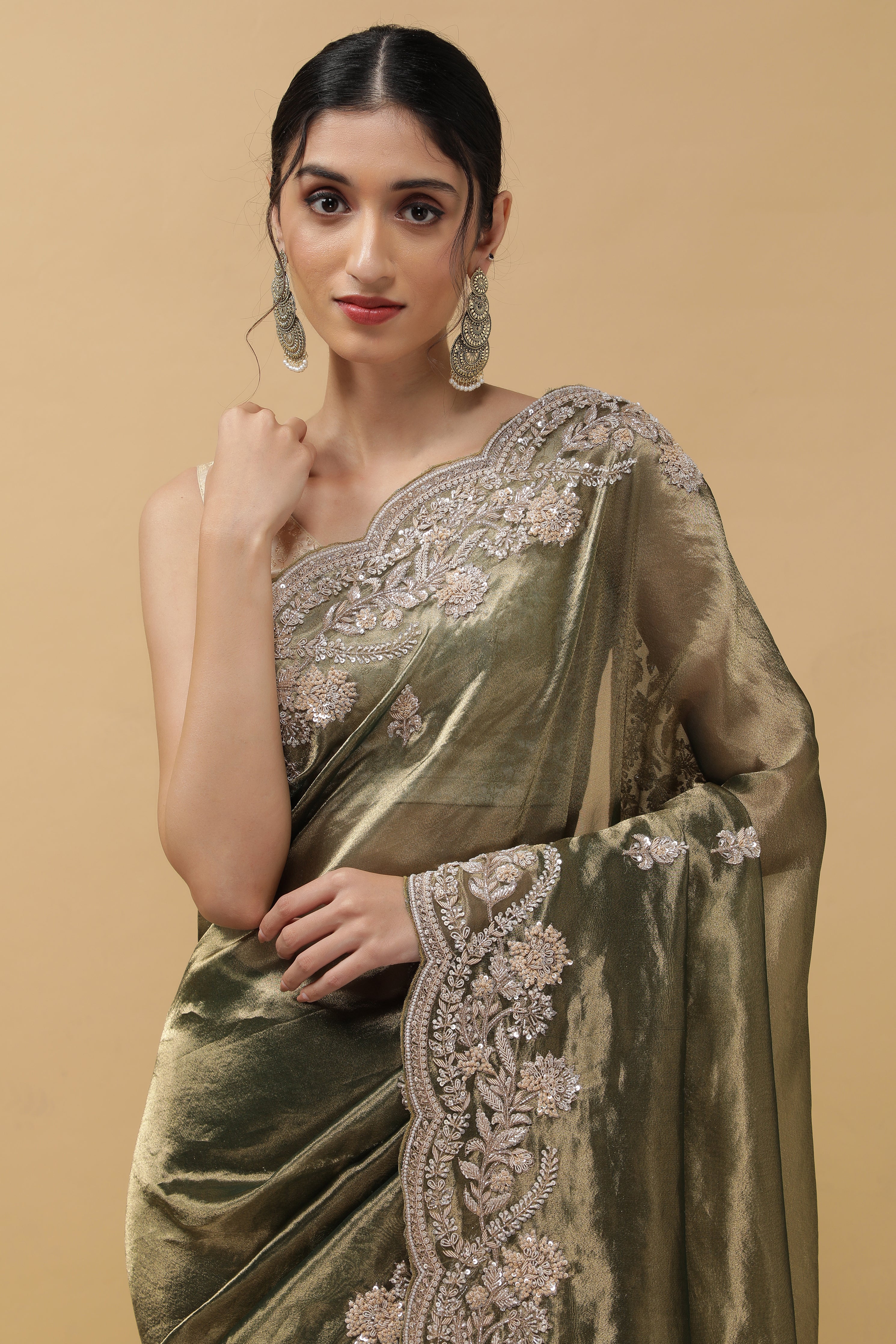 Rust Green Tissue Saree - Mokshaa