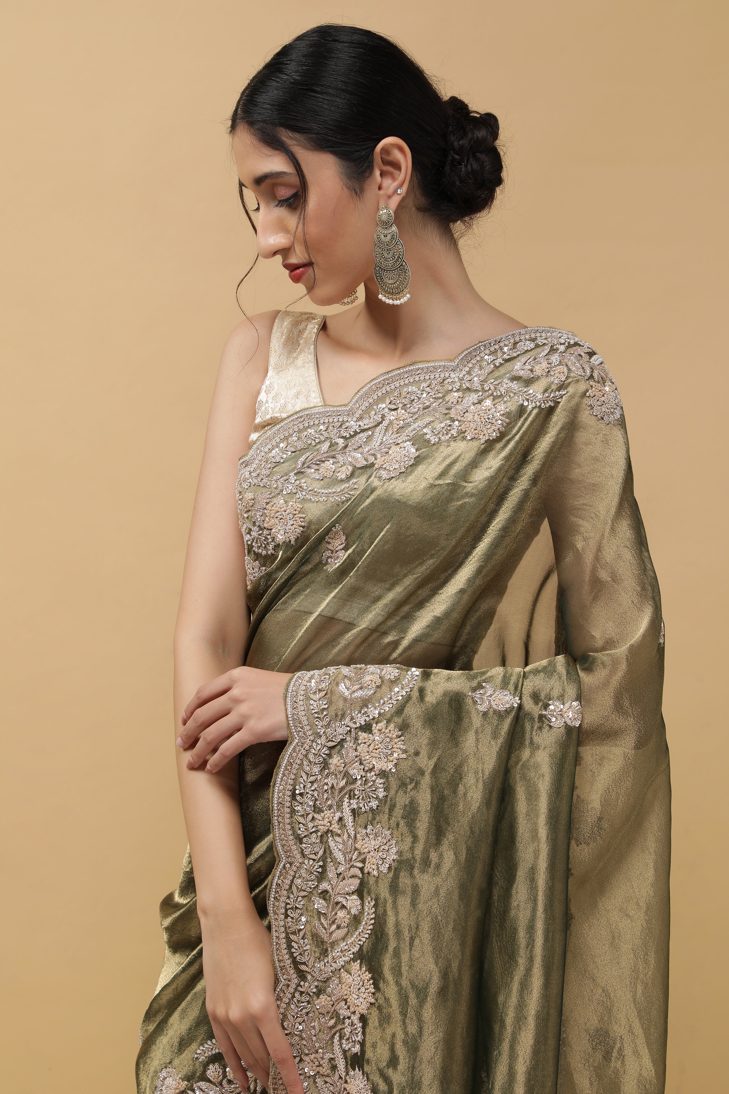 Rust Green Tissue Saree - Mokshaa