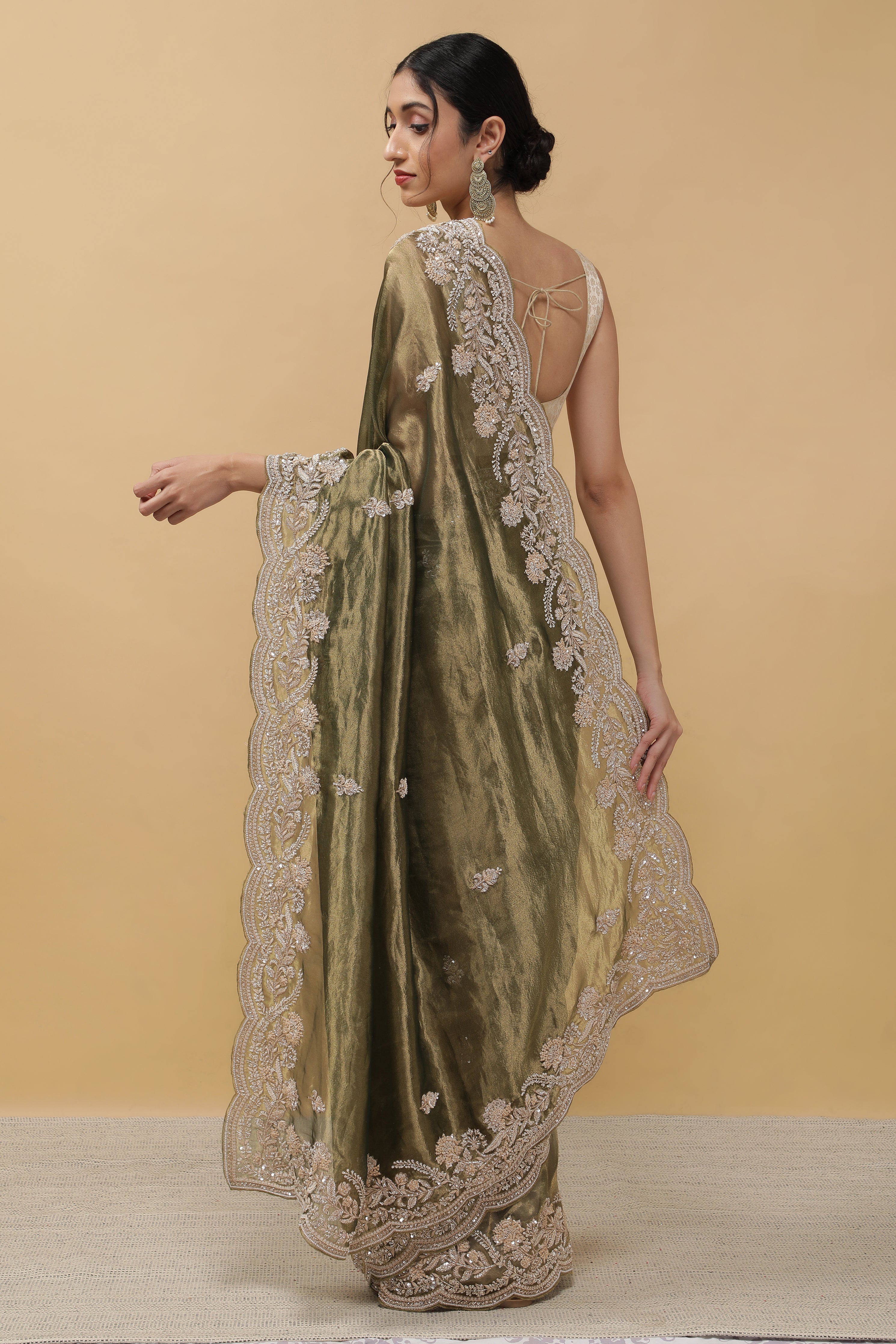 Rust Green Tissue Saree - Mokshaa