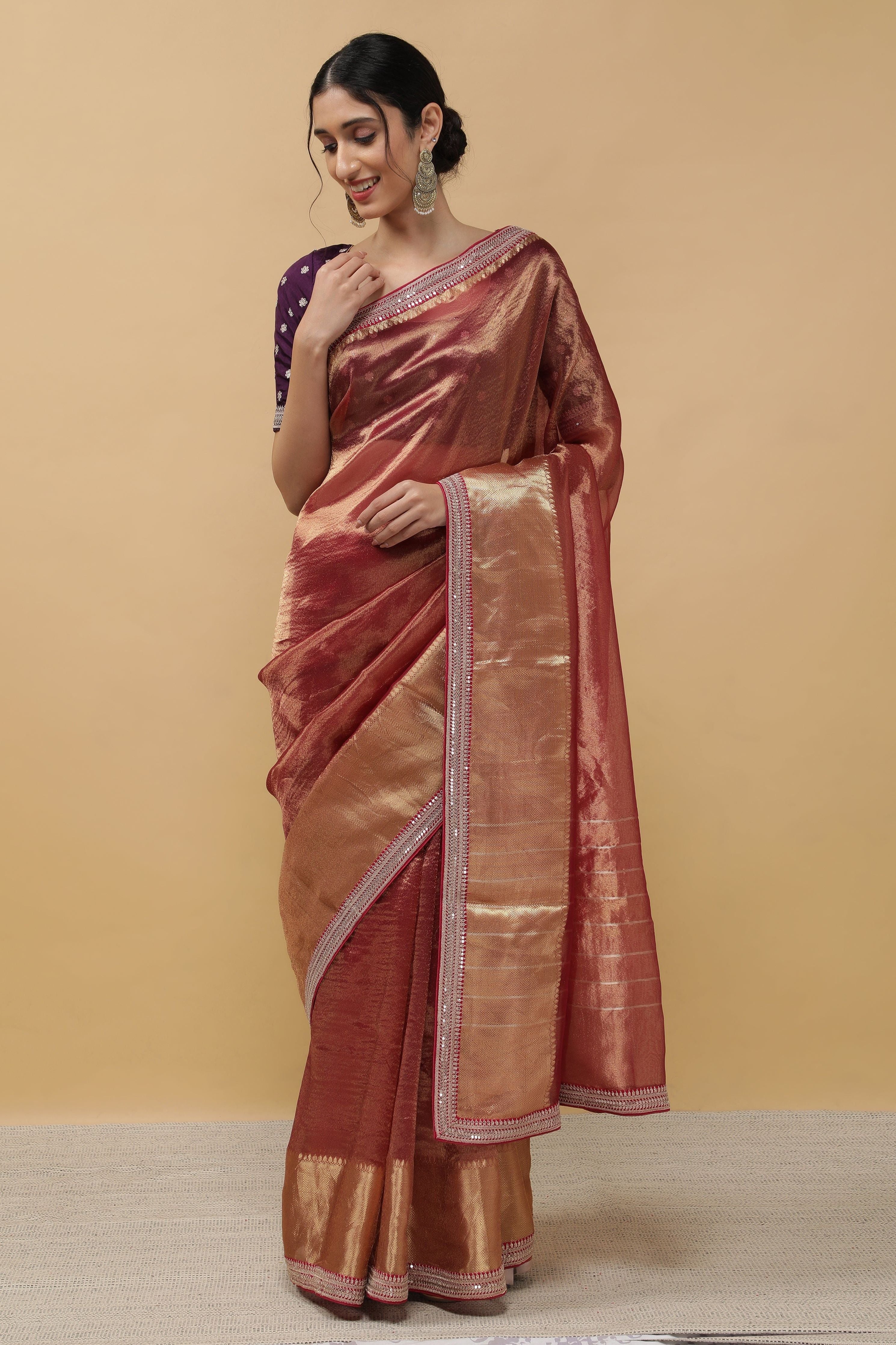 Rust Crush Tissue Saree - Mokshaa