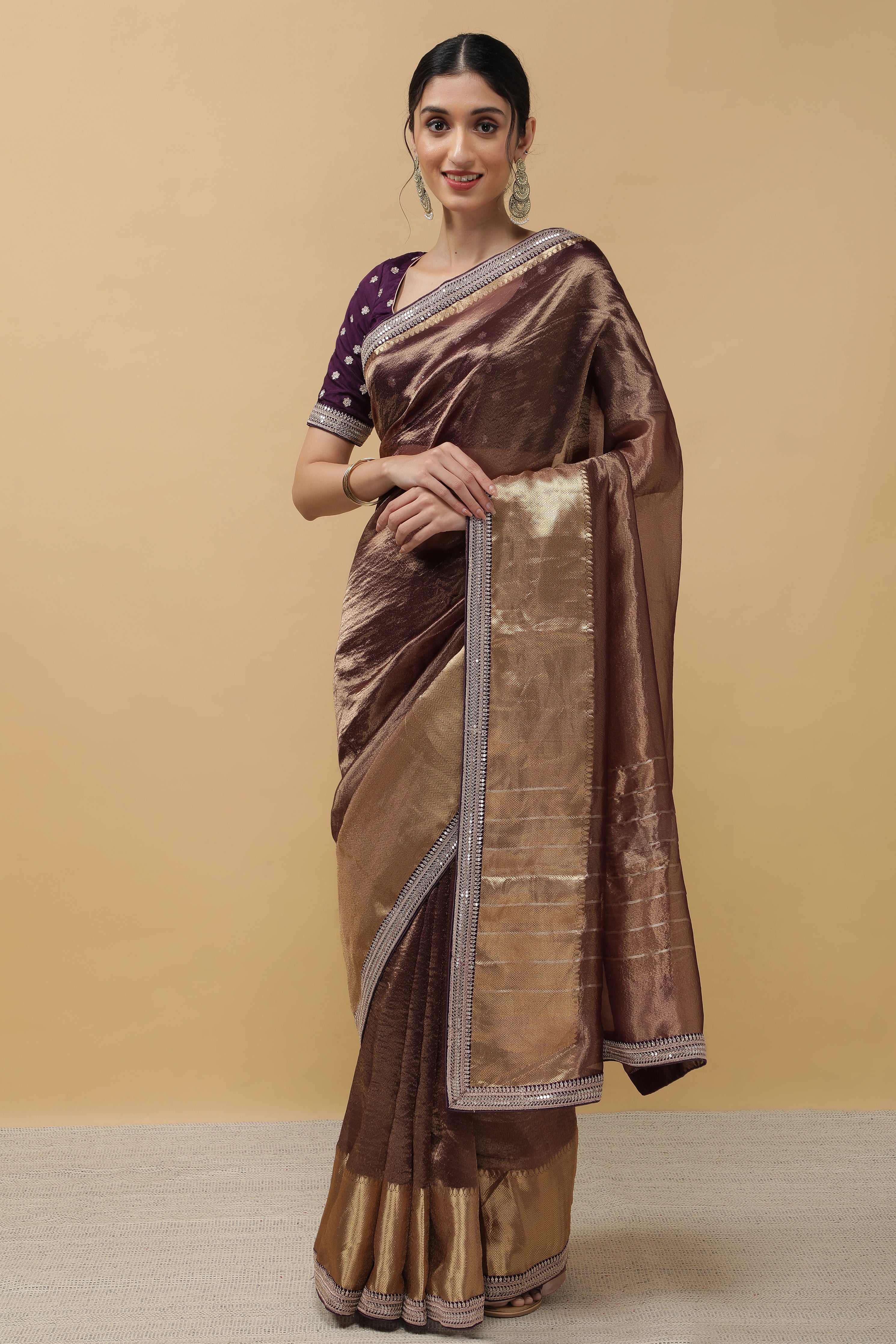 Rust Crush Tissue Saree - Mokshaa