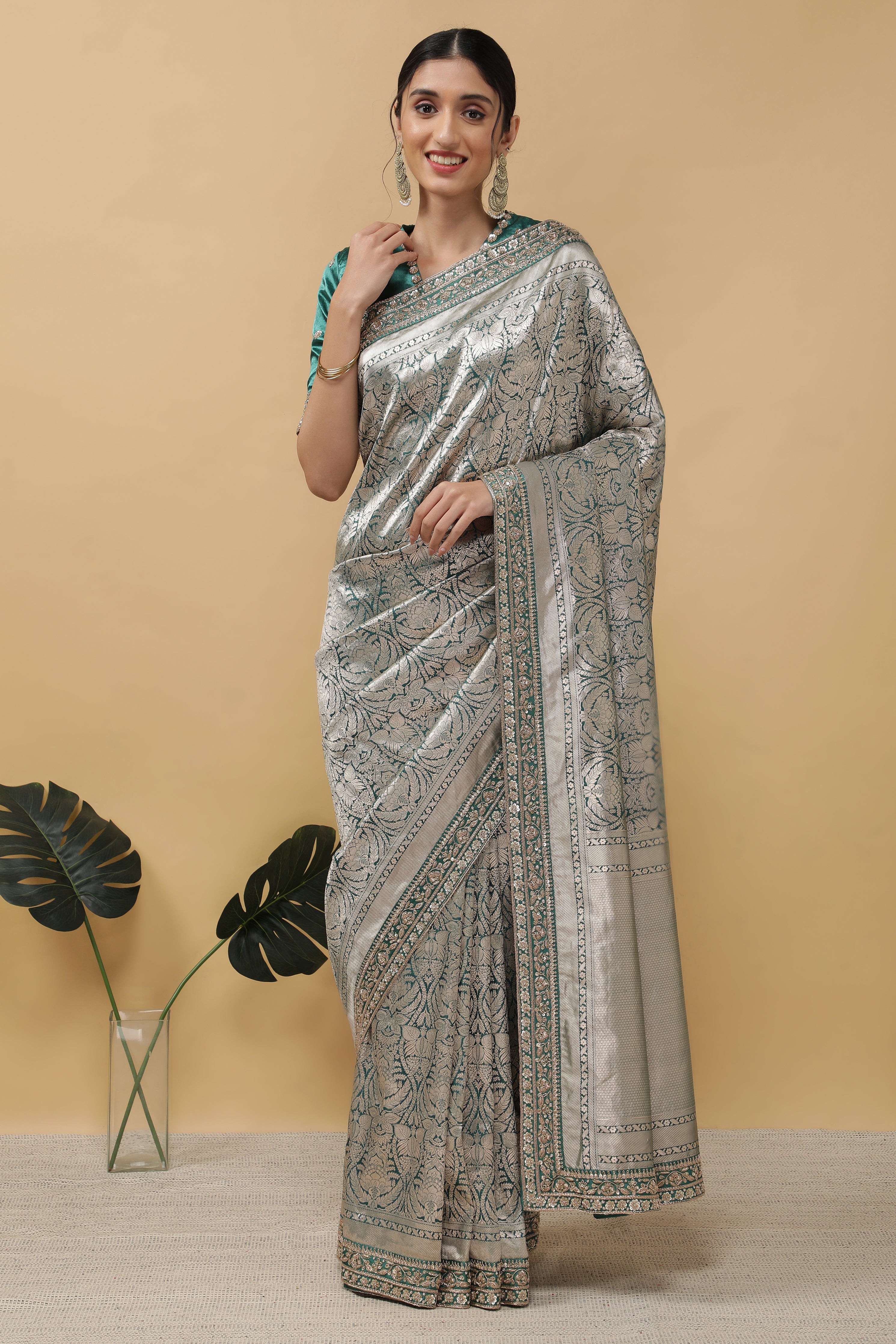 Bottle Green Banarasi Saree - Mokshaa