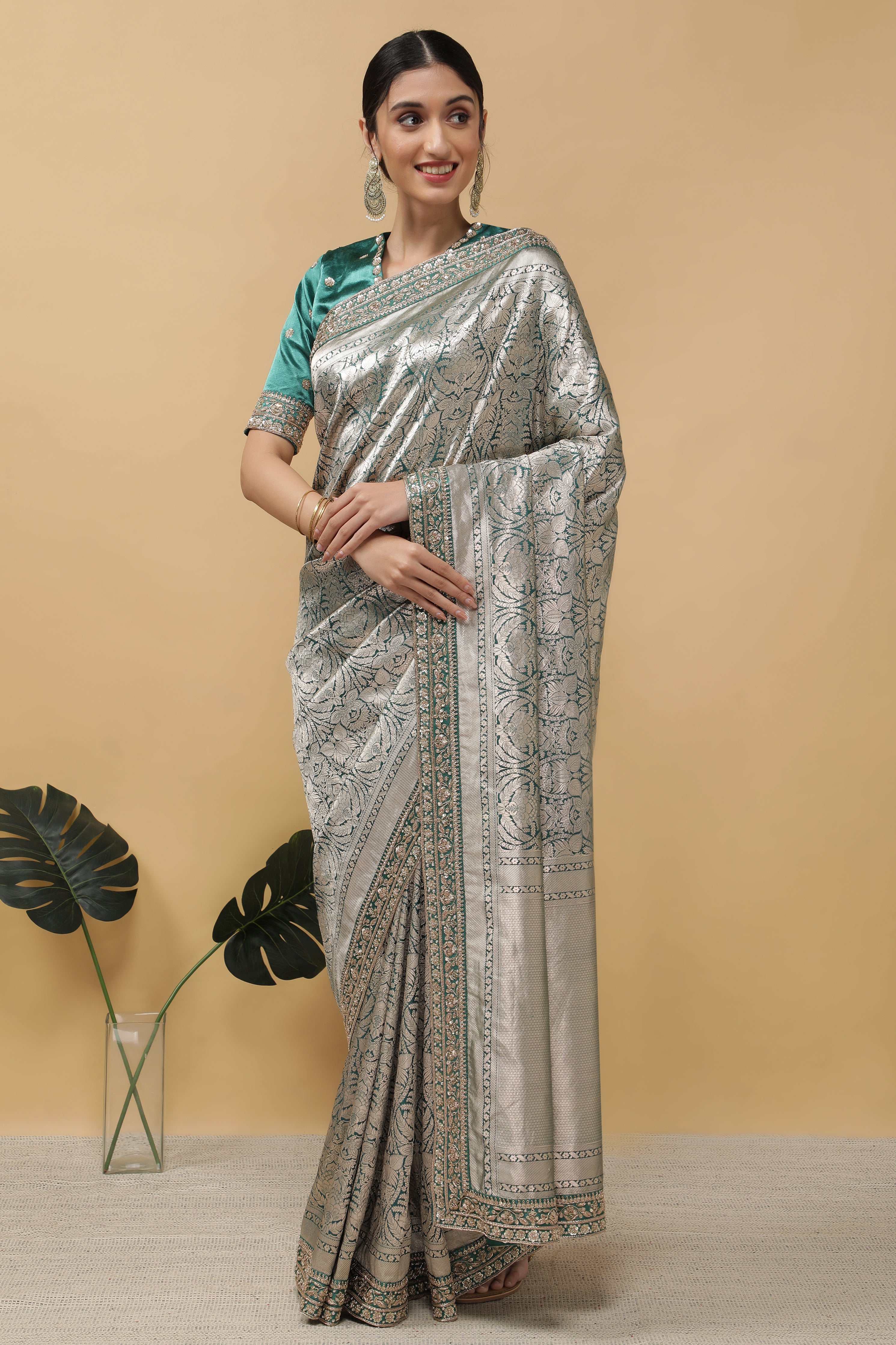 Bottle Green Banarasi Saree - Mokshaa