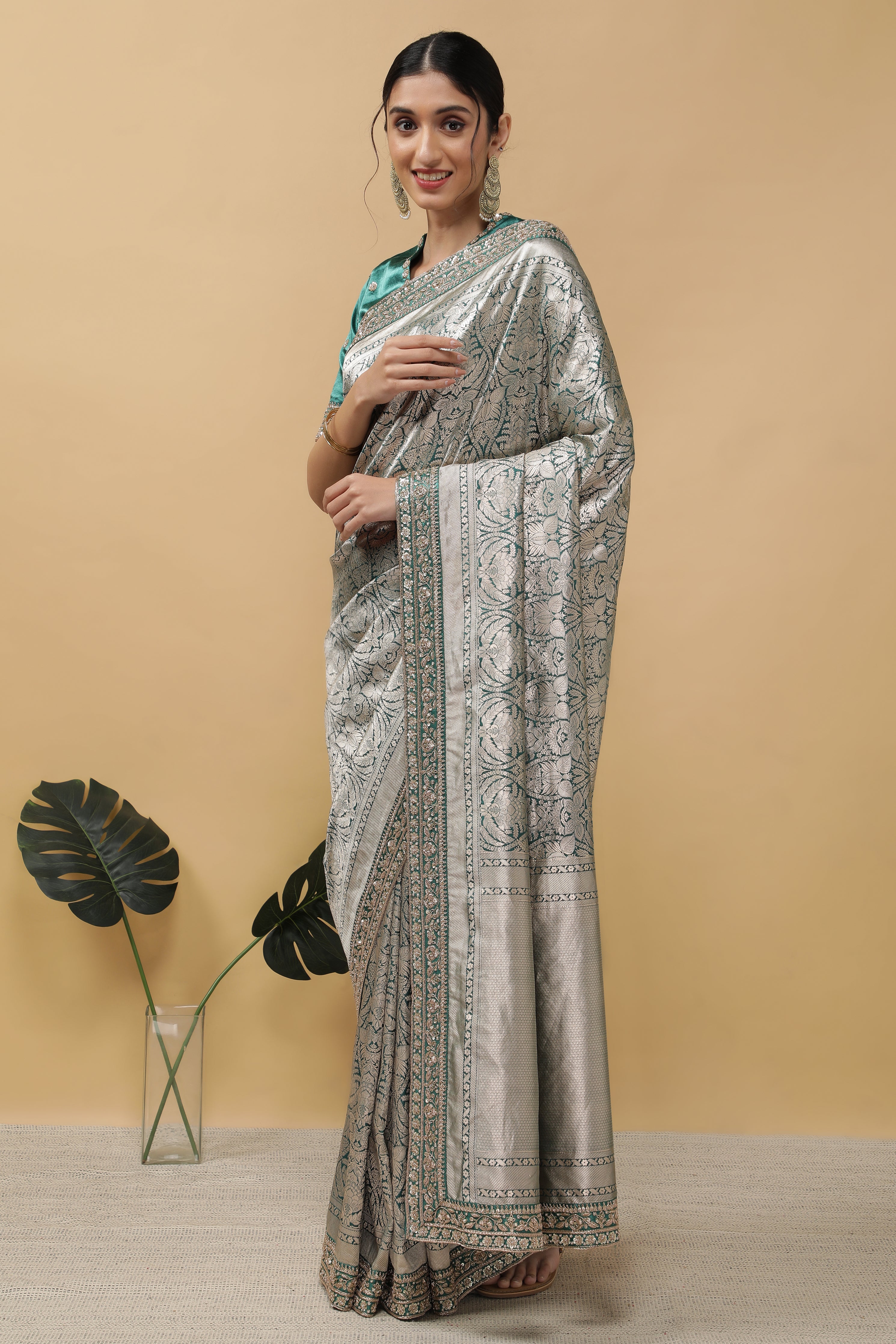 Bottle Green Banarasi Saree - Mokshaa