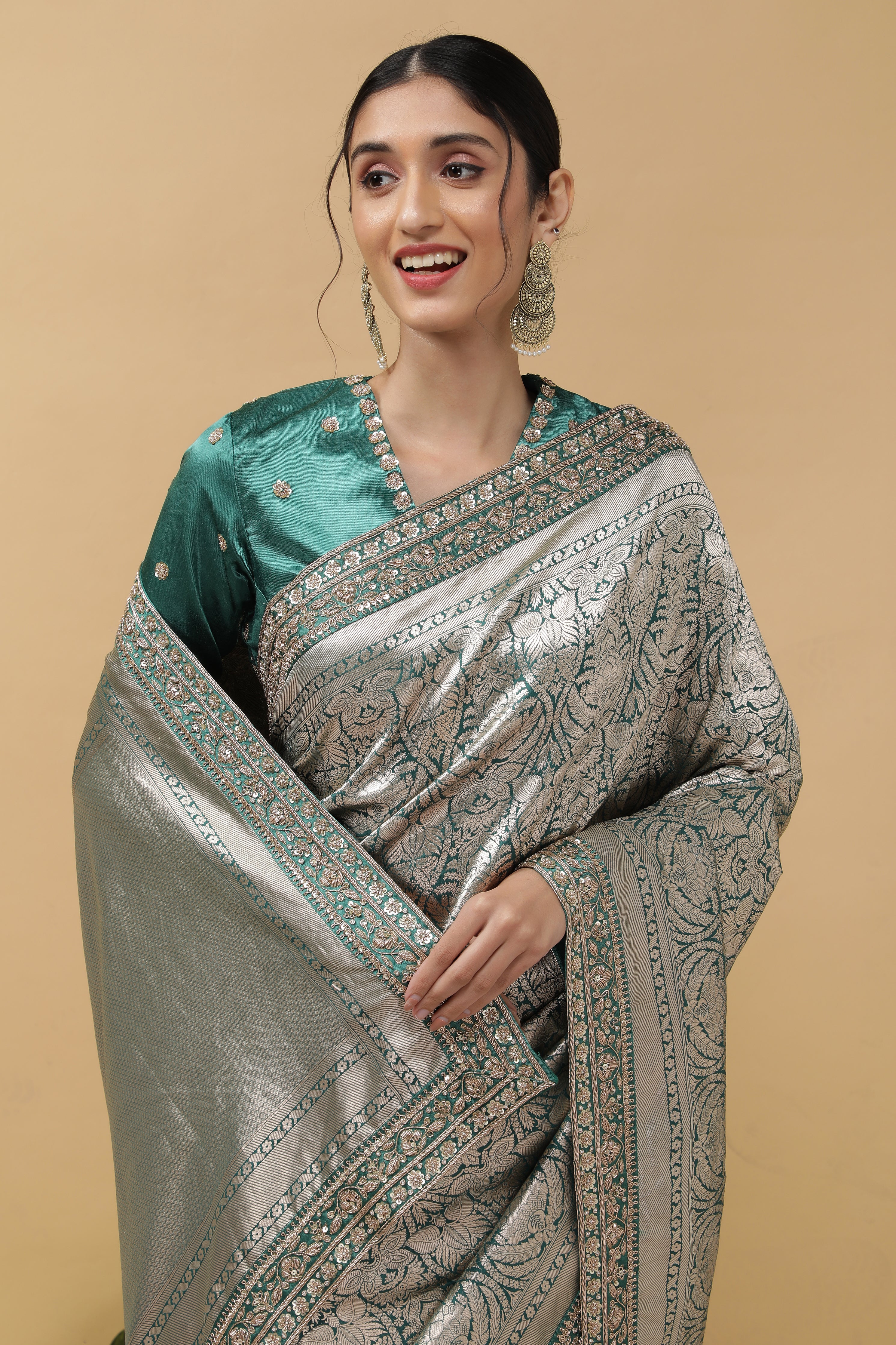 Bottle Green Banarasi Saree - Mokshaa