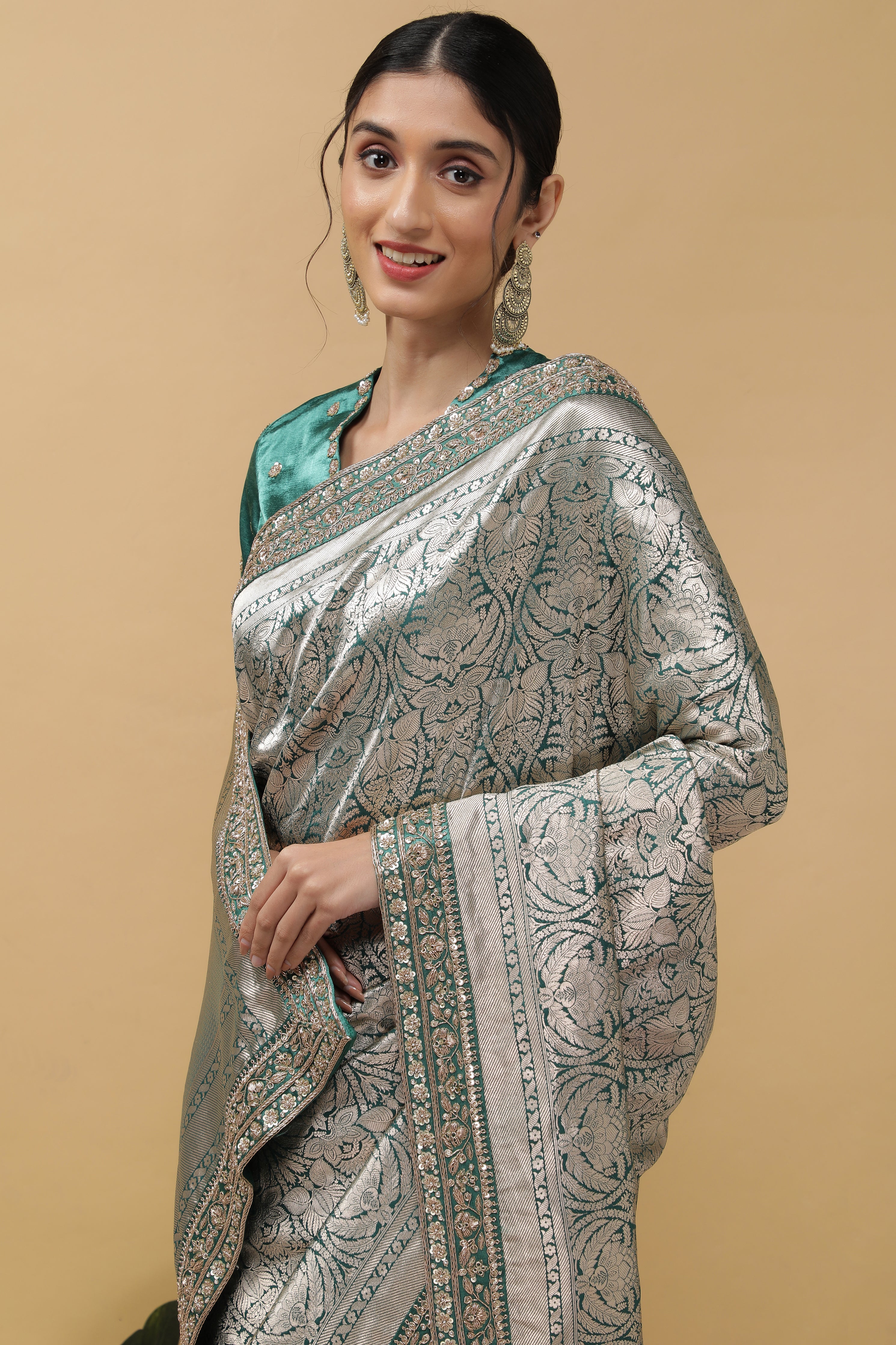 Bottle Green Banarasi Saree - Mokshaa