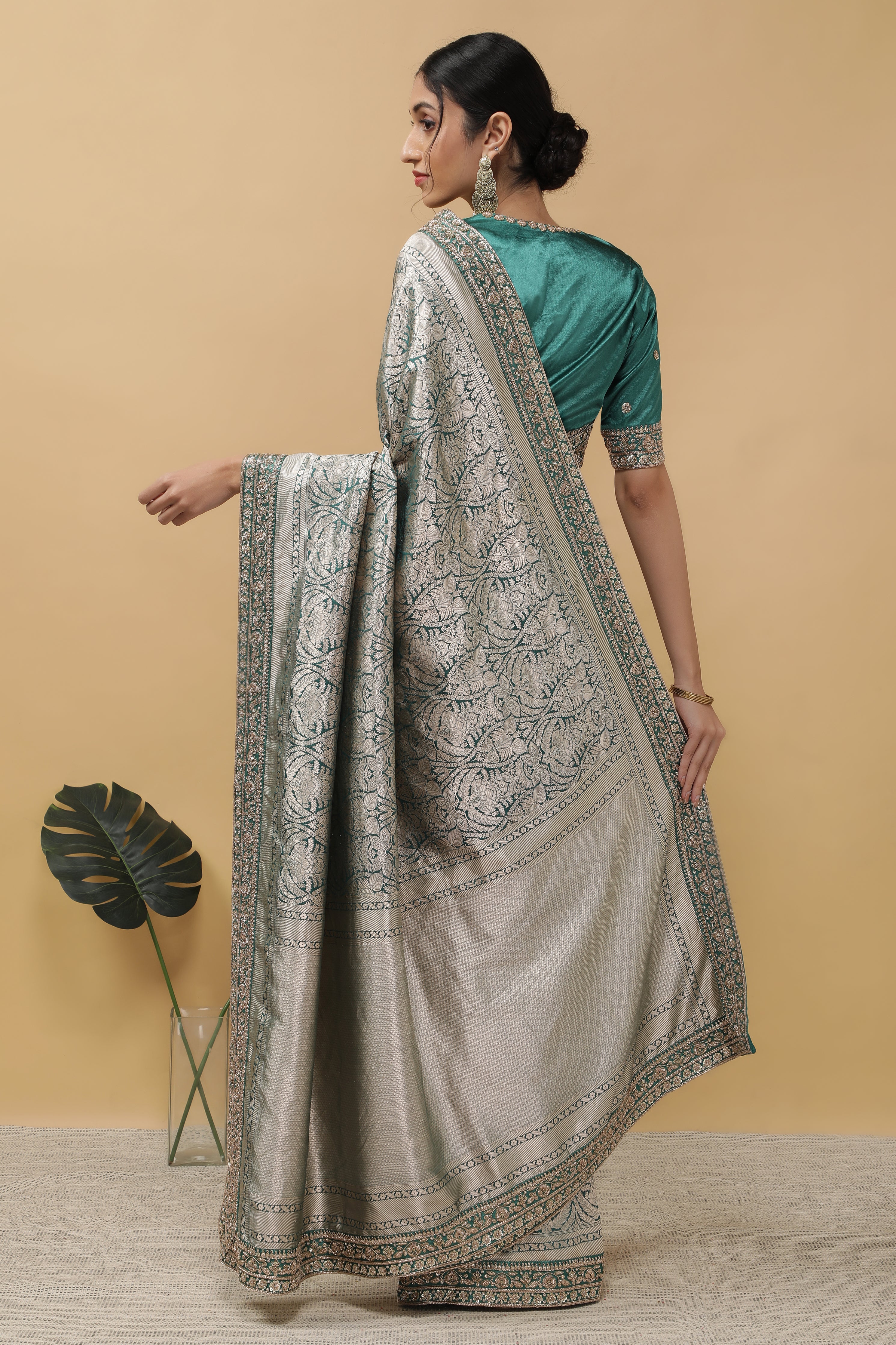 Bottle Green Banarasi Saree - Mokshaa