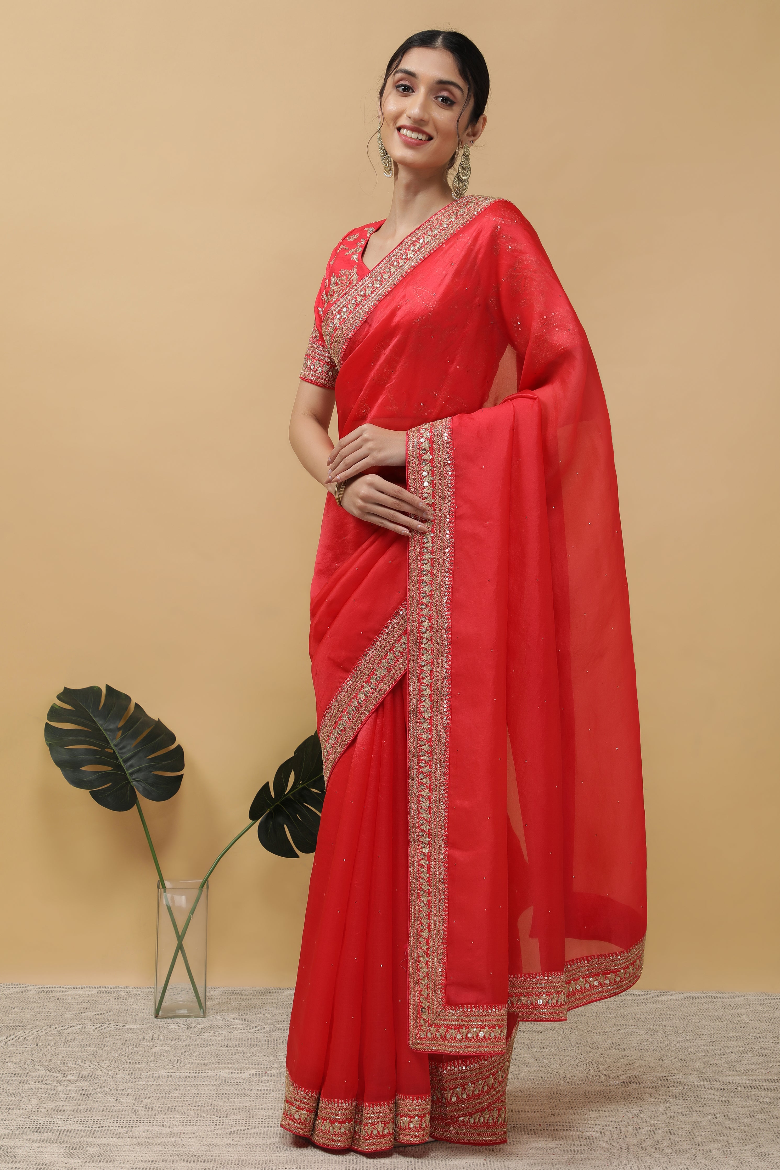 Red Organza Saree - Mokshaa