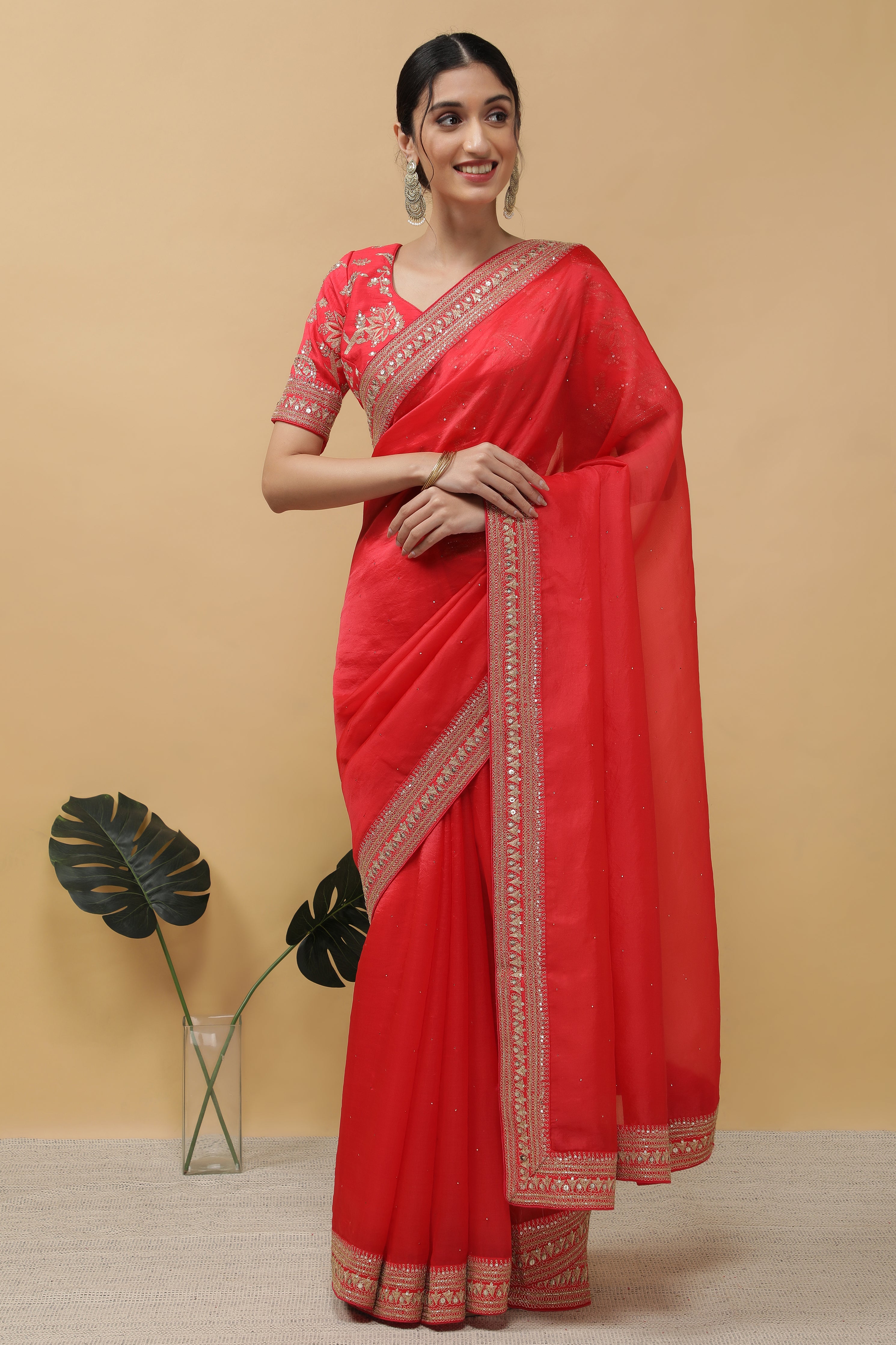 Red Organza Saree - Mokshaa