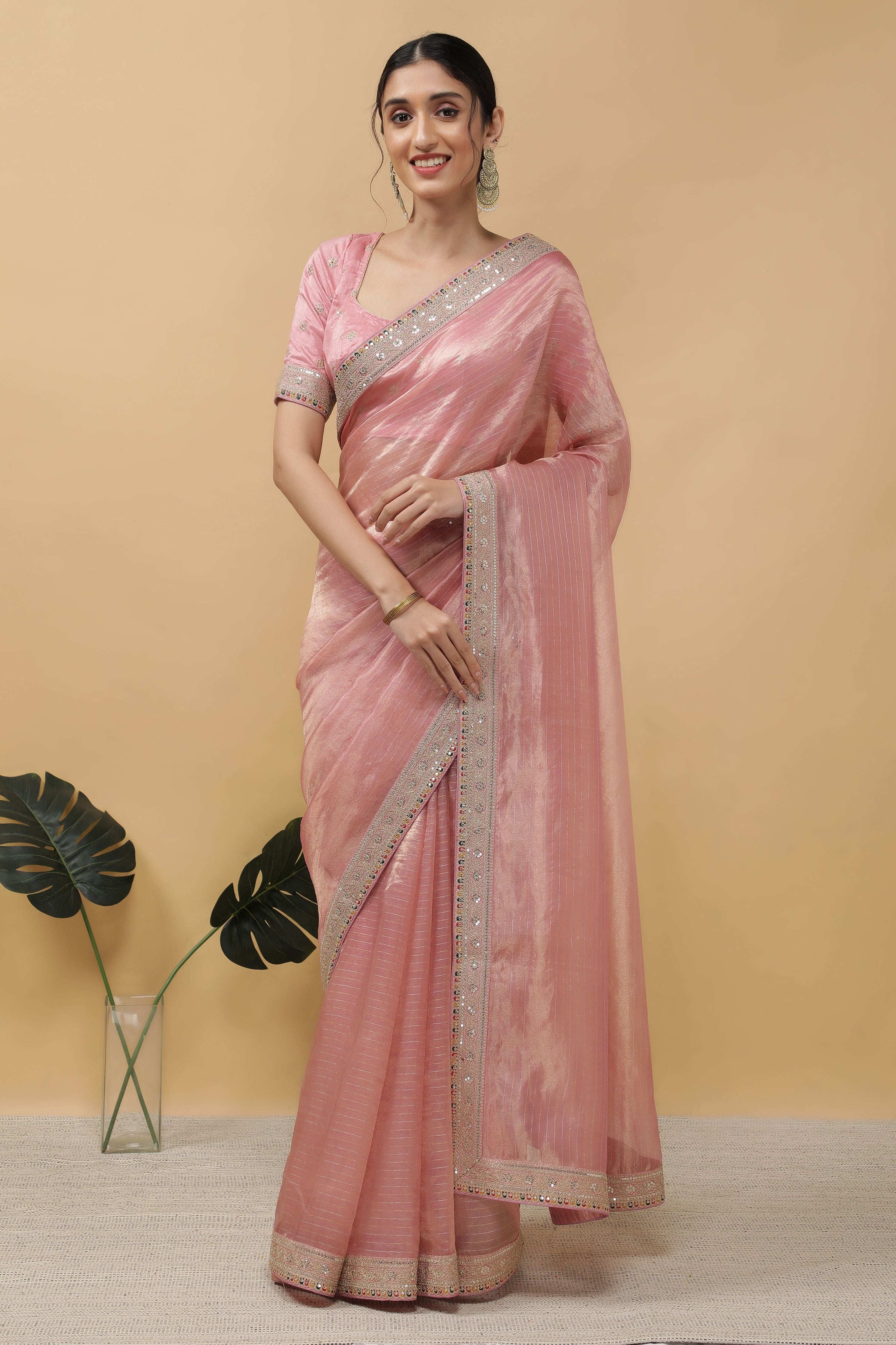 Peach Organza Tissue Saree - Mokshaa