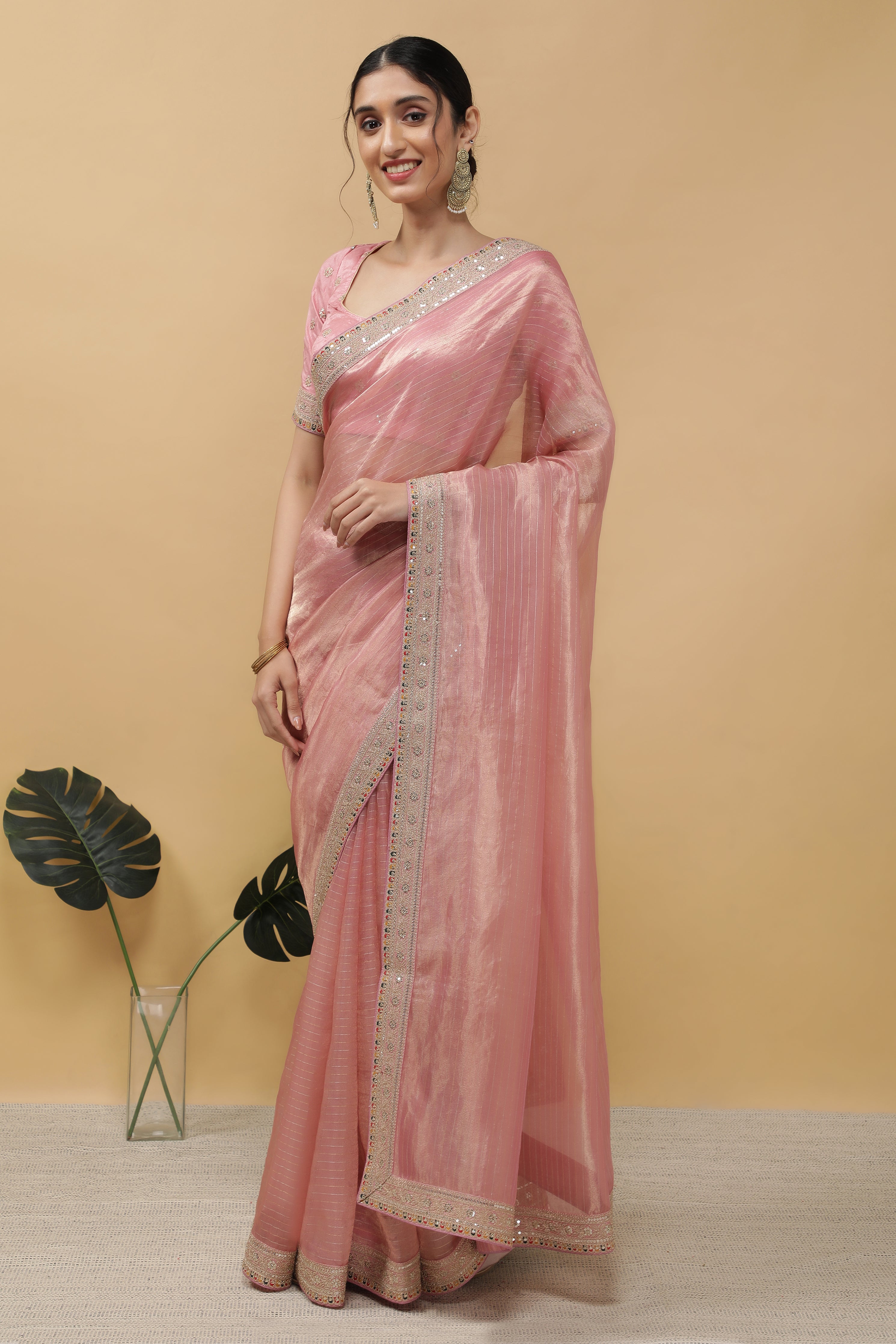 Peach Organza Tissue Saree - Mokshaa