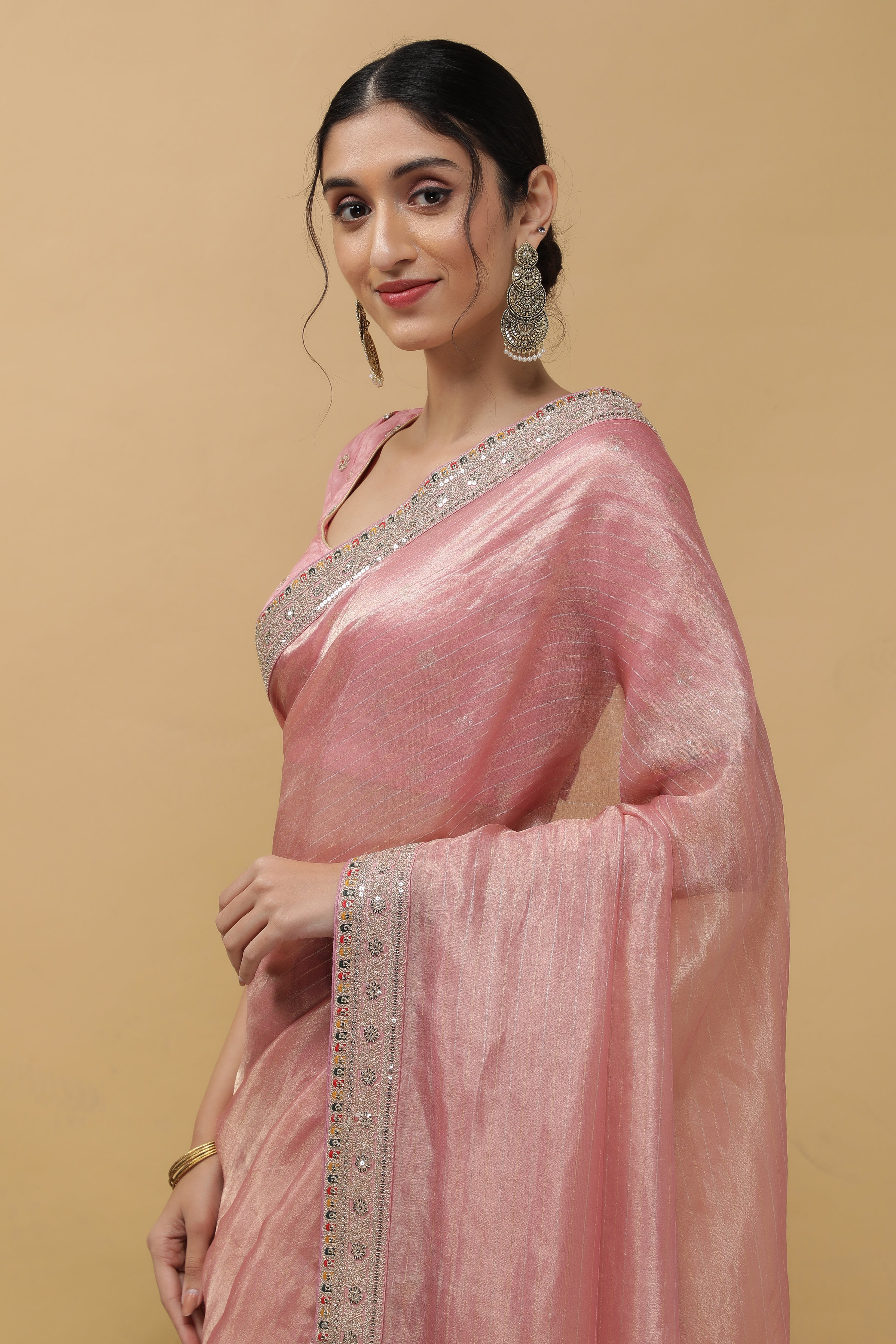 Peach Organza Tissue Saree - Mokshaa